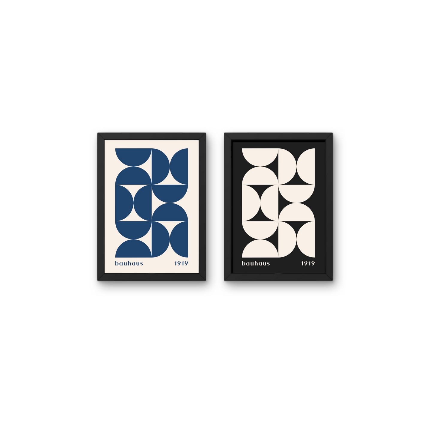 Pair of Bauhaus black and blue geometric wall art prints with framed abstract designs, perfect for modern wall decor



