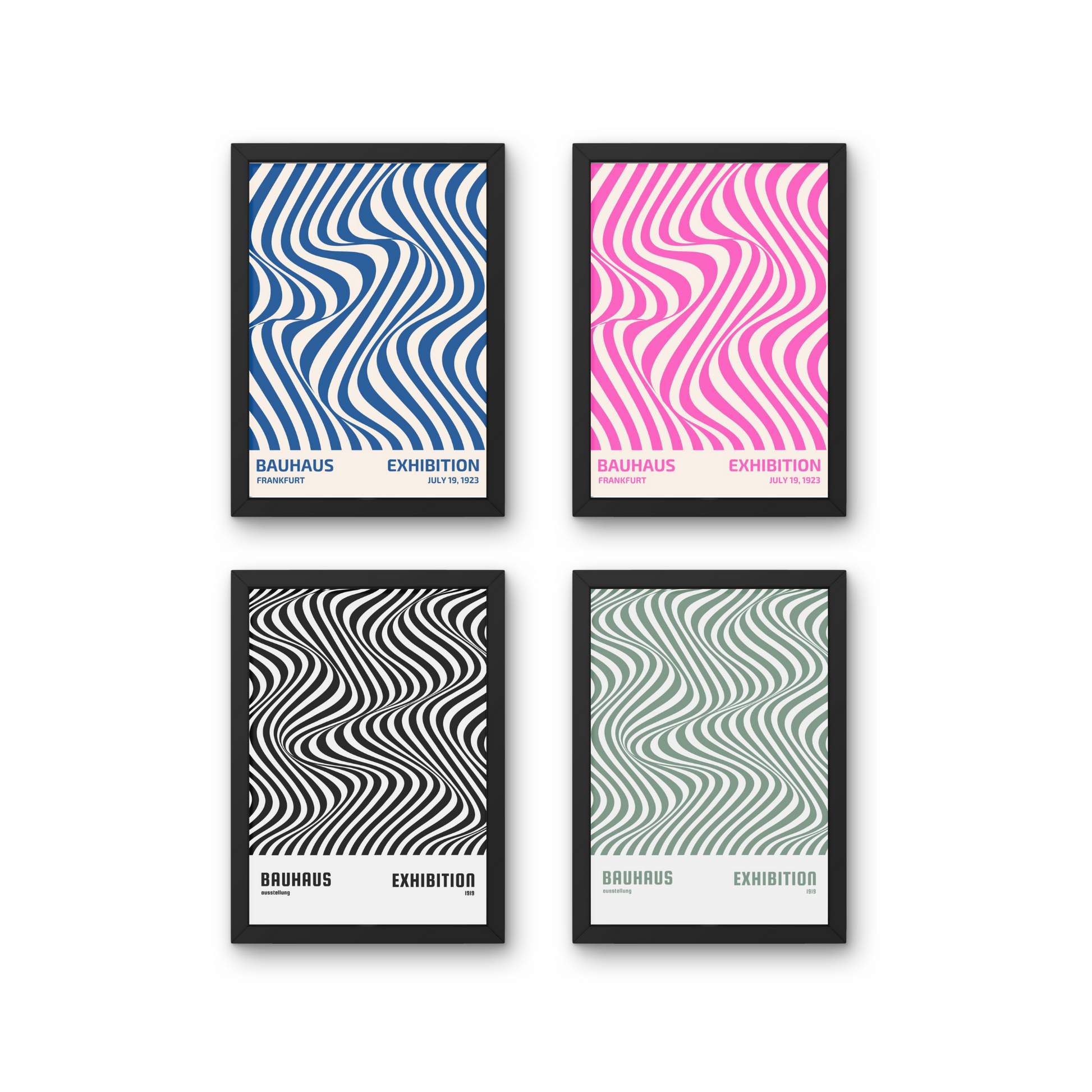 "Set of four Bauhaus exhibition posters with wavy abstract patterns, available in black, blue, pink, and green



