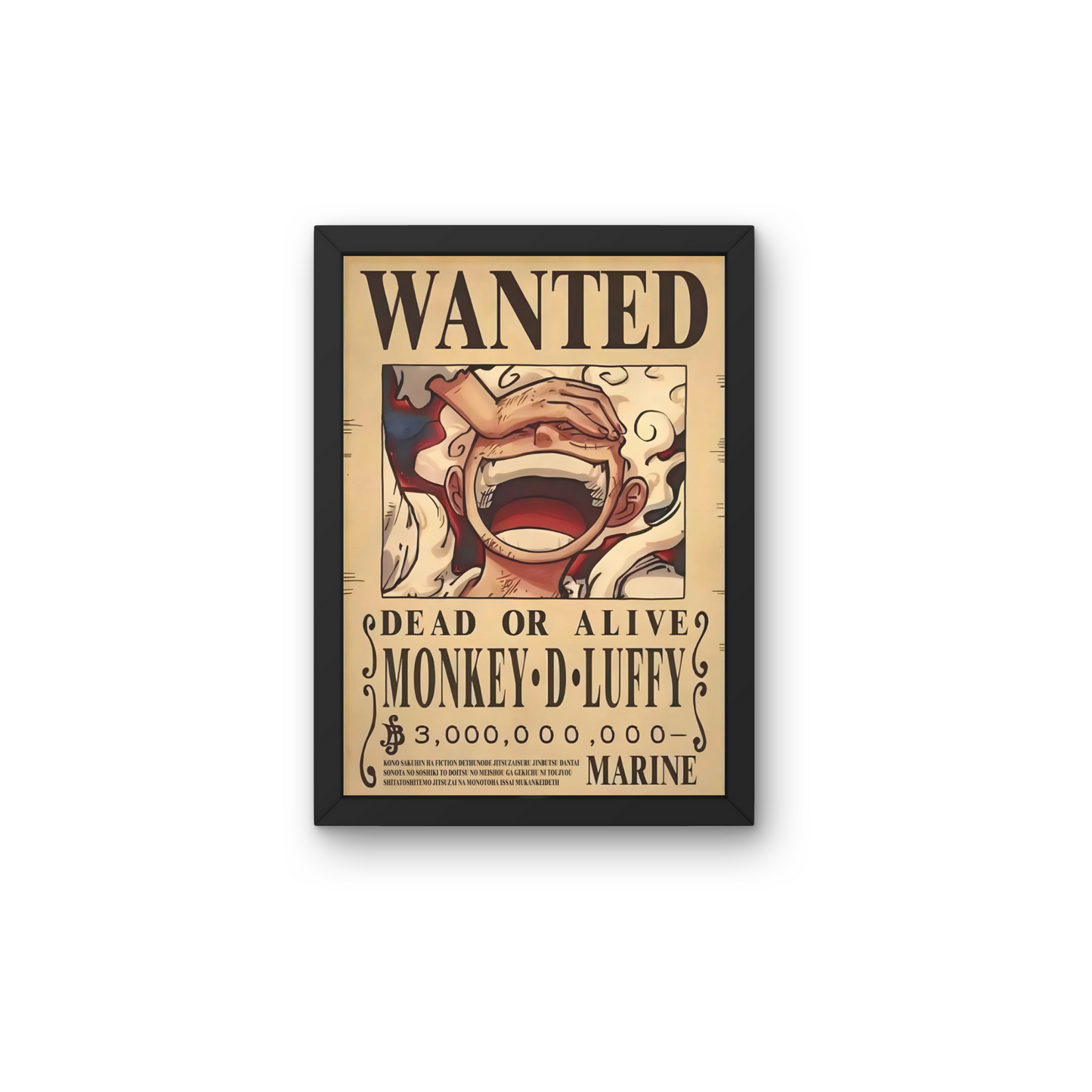 Framed wall art featuring Monkey D. Luffy's wanted poster from One Piece, perfect for anime wall decor and modern wall poster design in living rooms or bedrooms.