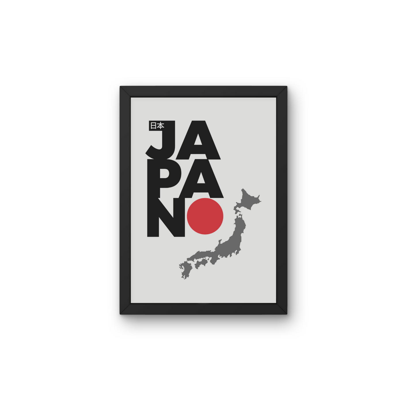 Framed minimalist wall art featuring 'Japan' text with the country's map and red circle symbol, perfect for modern wall decor or travel-themed designs, from The Modern Curated Creations.