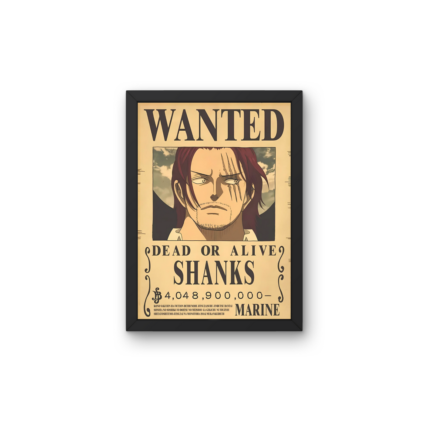 Framed wall art featuring Shanks' wanted poster from One Piece, ideal for anime wall decor and modern wall poster design for bedrooms or living rooms.