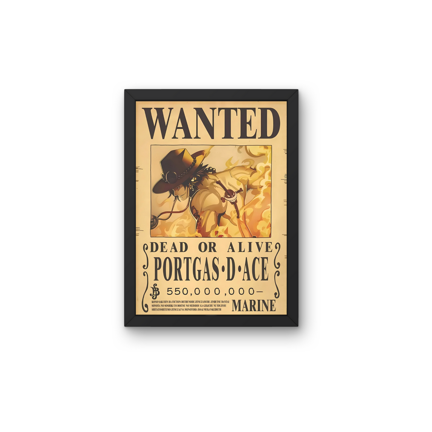 Framed wall art featuring Portgas D. Ace's wanted poster from One Piece, perfect for anime wall decor and modern wall poster design for living spaces