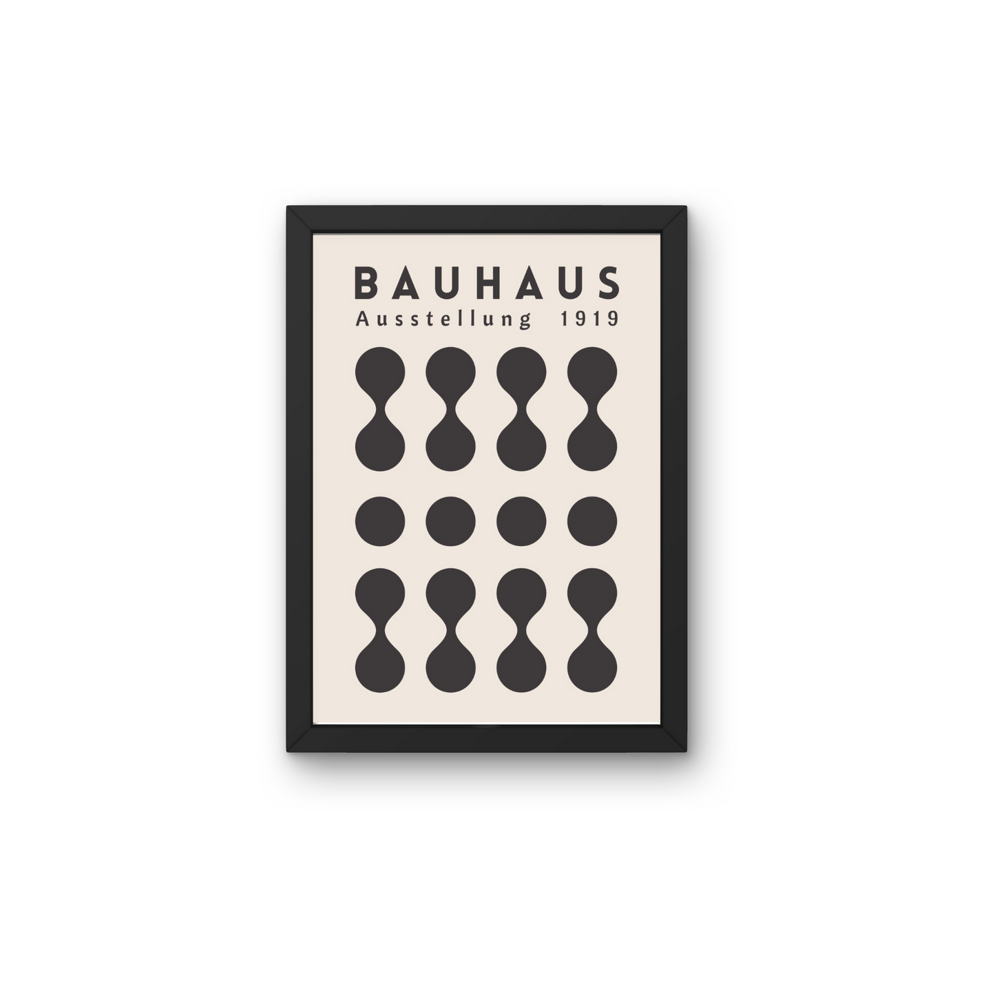 Minimalist Bauhaus exhibition poster in black and beige with abstract shapes, framed for modern wall decor.




