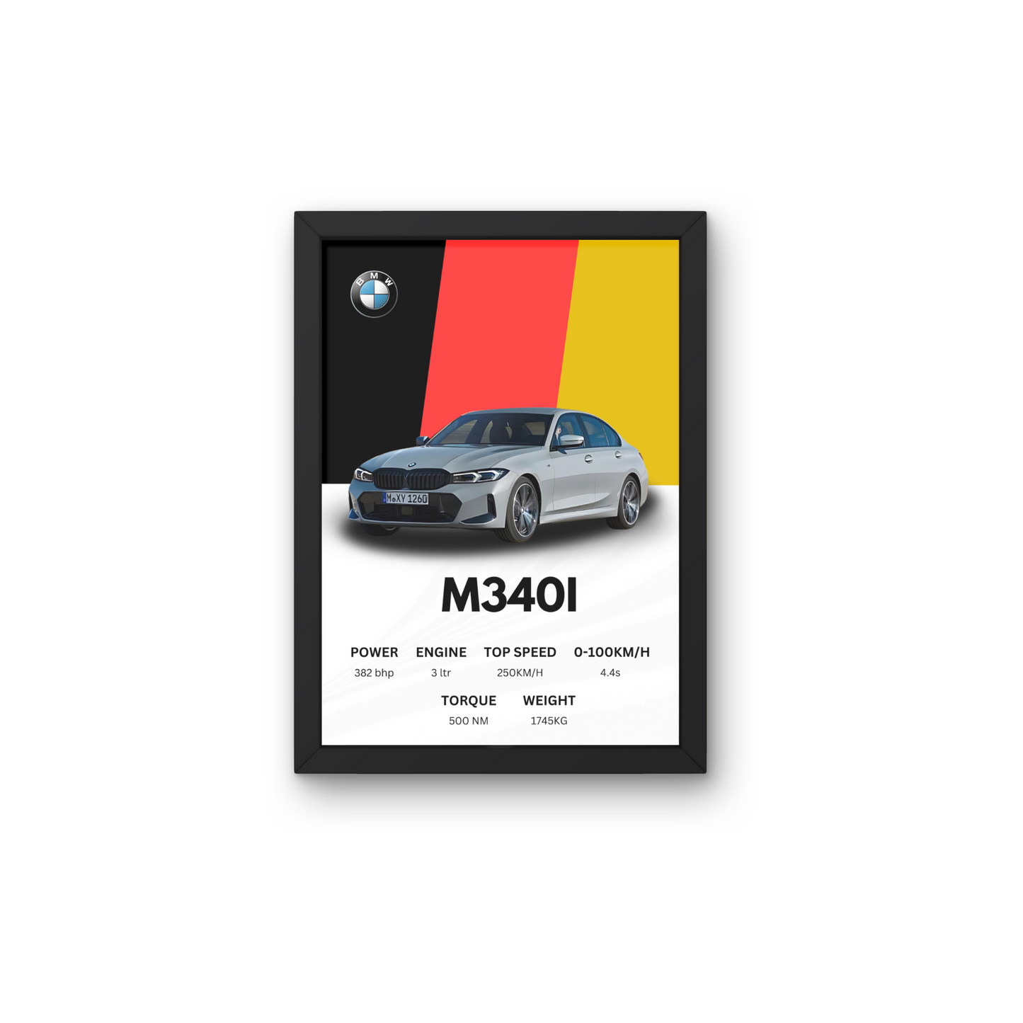 BMW M340i wall art poster showcasing car specifications, perfect for modern wall decor in automotive-themed spaces.