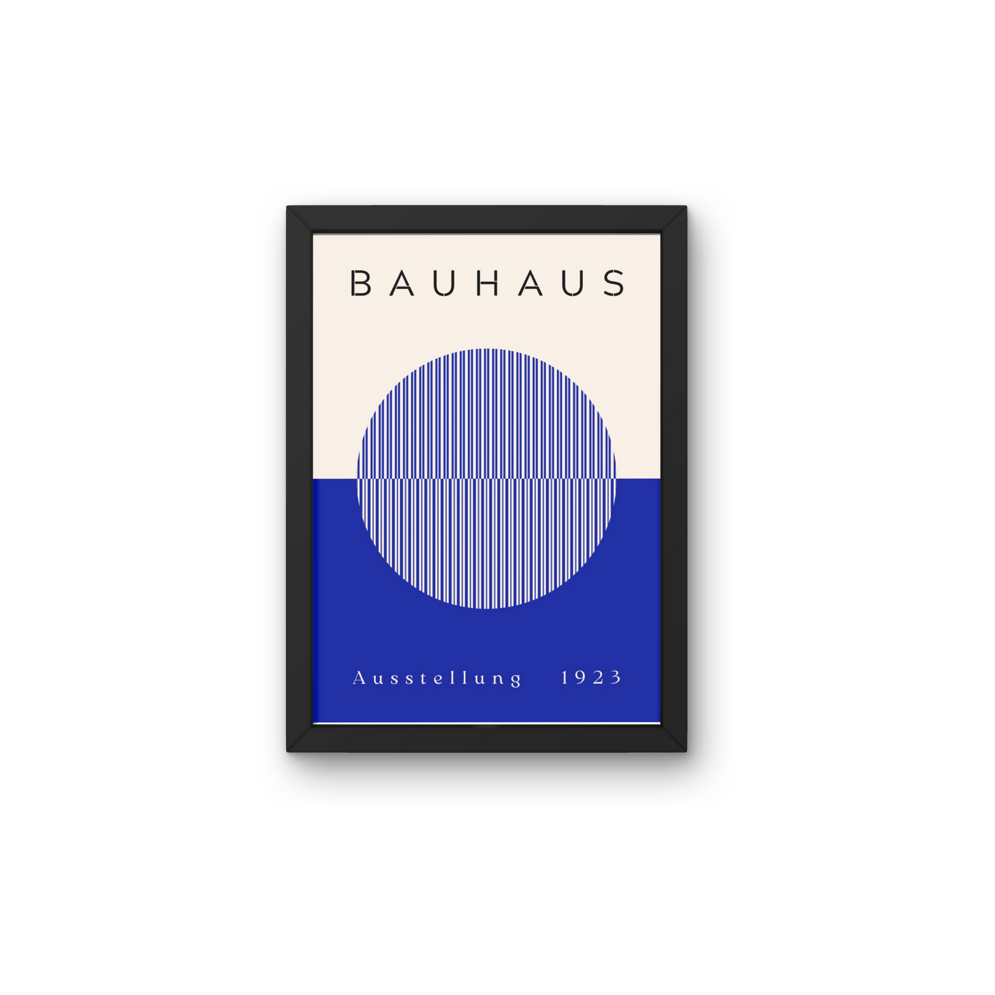 Bauhaus exhibition poster in blue and white with an abstract circle design, framed for contemporary wall decoration.



