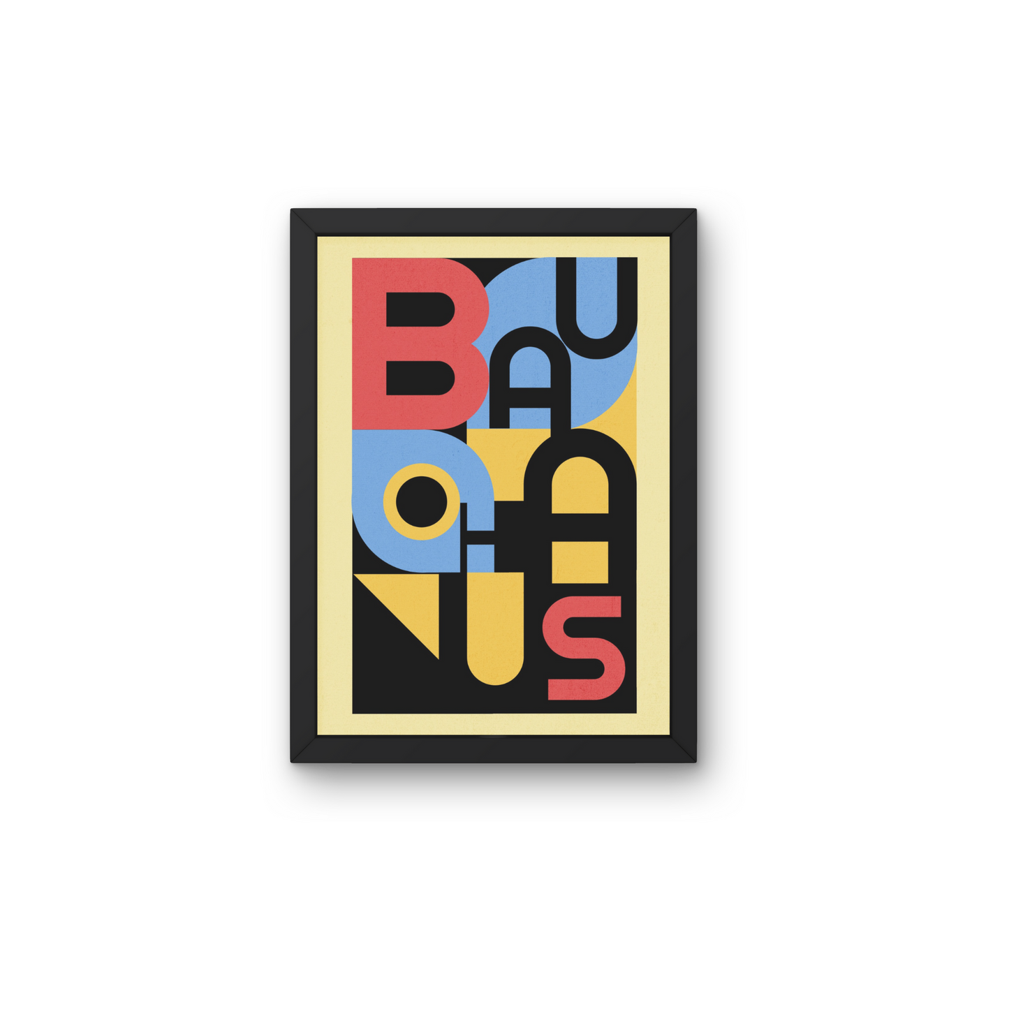 "Colorful Bauhaus poster with bold typography in red, blue, and yellow, framed for a vibrant wall art addition.




