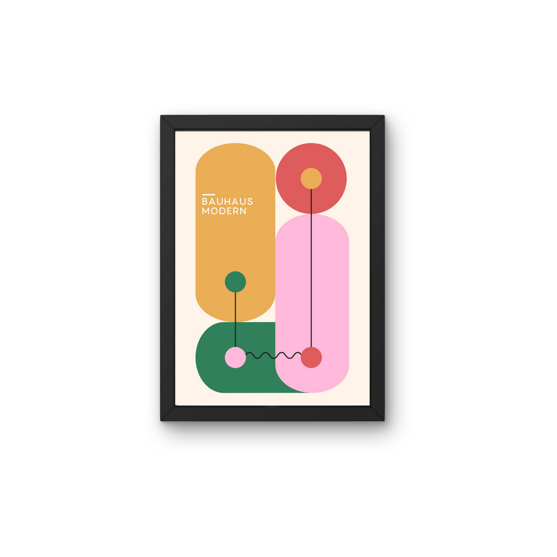 Bauhaus-inspired abstract poster with modern geometric shapes in pink, yellow, and green, ideal for a contemporary wall accent.



