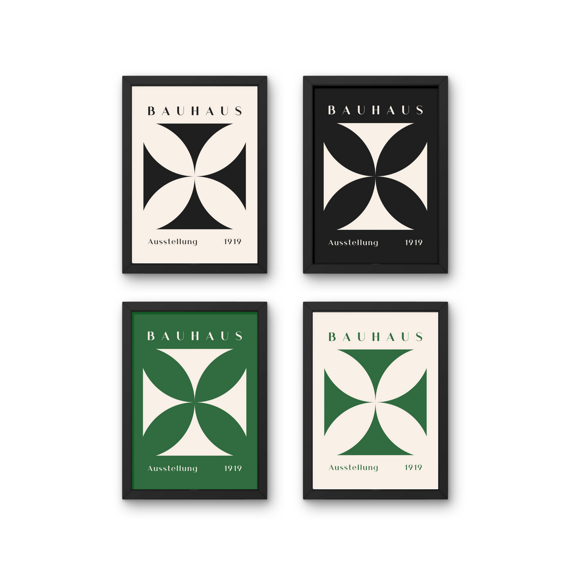 Set of four minimalist Bauhaus posters featuring bold geometric shapes in black, white, and green, perfect for eco-inspired wall art design.



