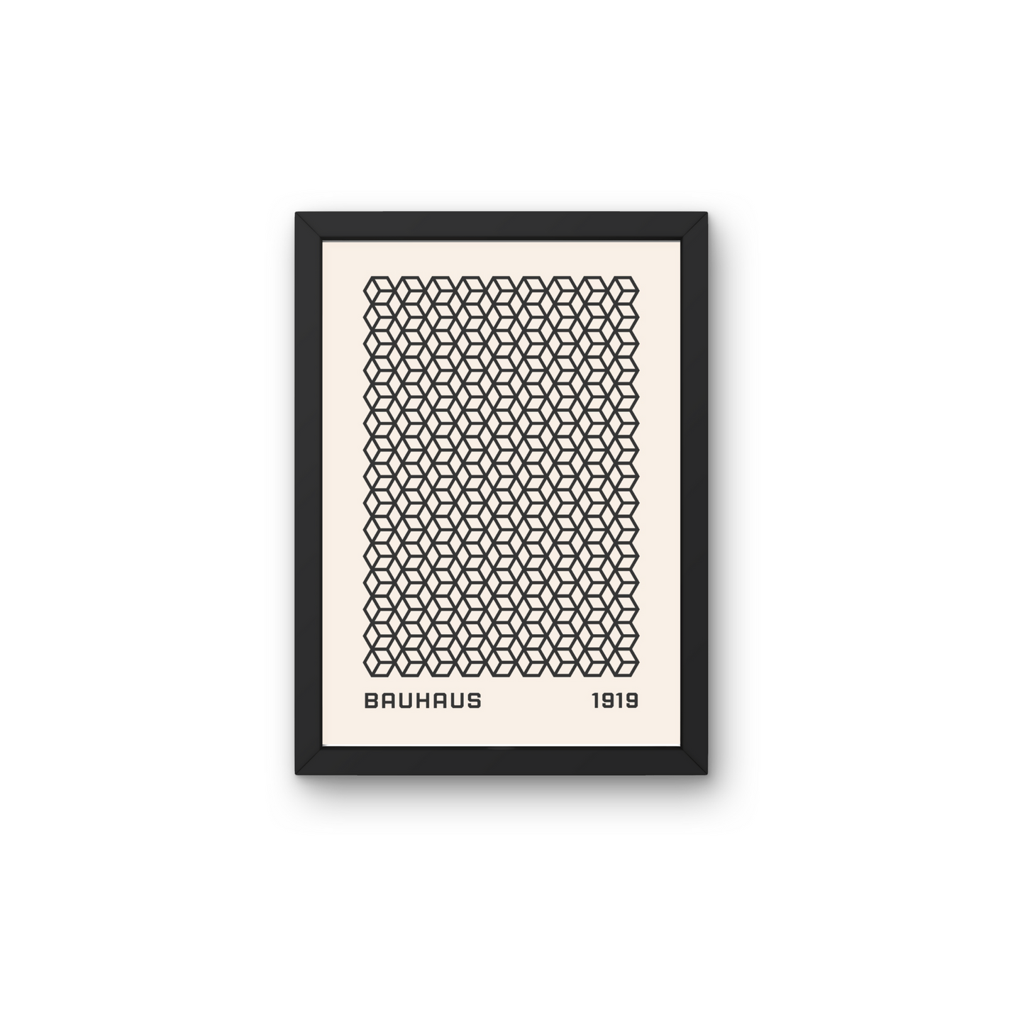 "Framed Bauhaus wall art featuring a detailed black geometric pattern on a beige background, ideal for modern wall decor.




