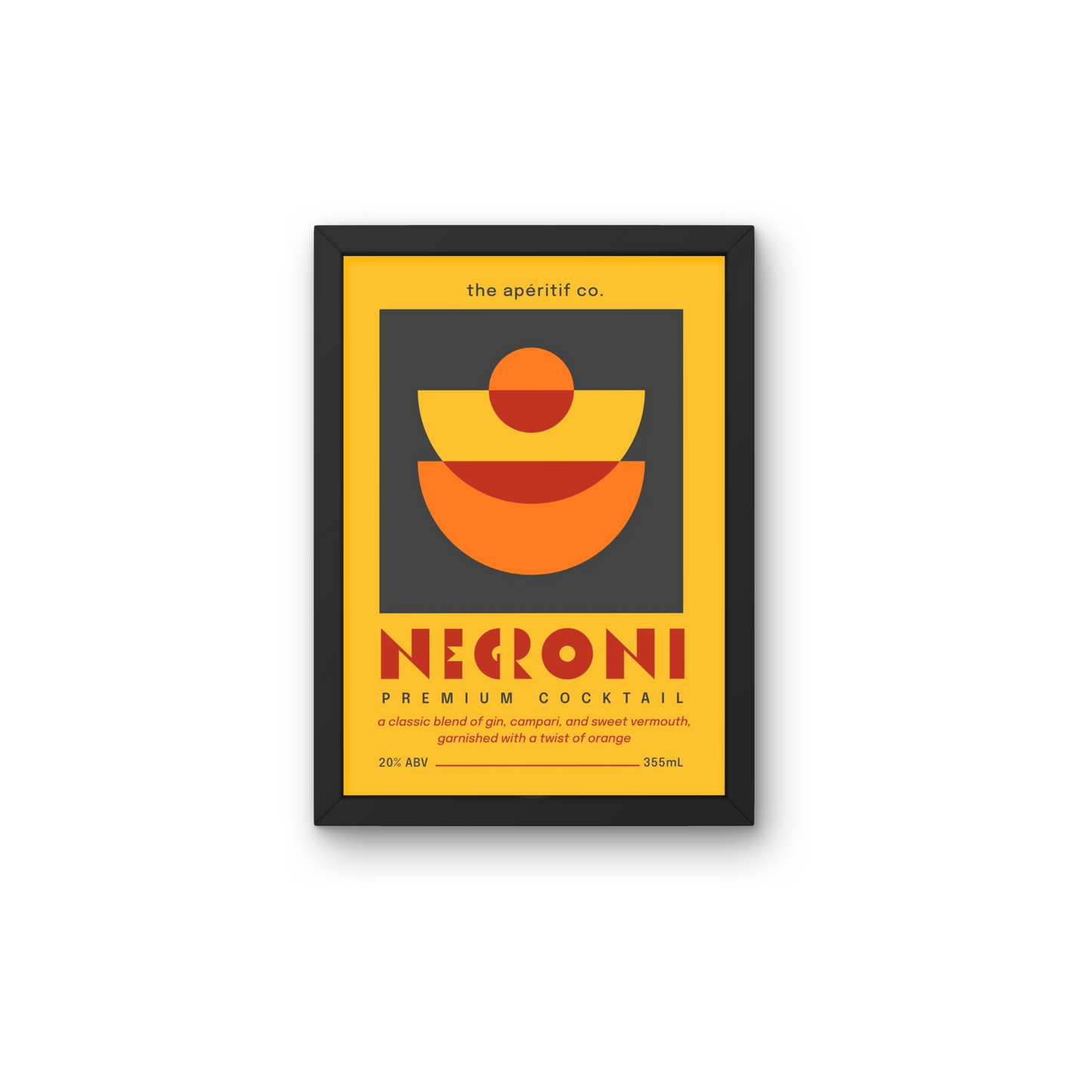 Bold retro-style wall art poster in orange and yellow, showcasing a Negroni cocktail design for a unique wall accent.



