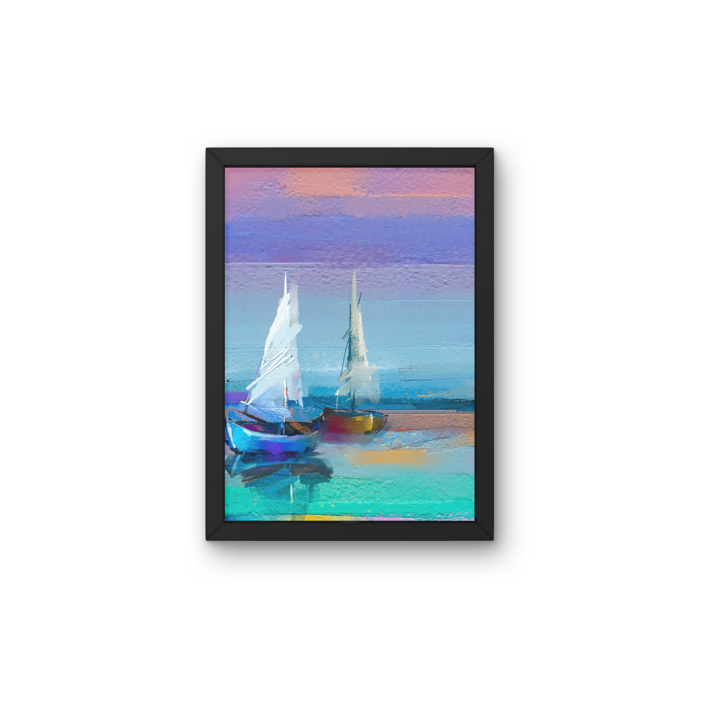 Framed abstract wall art of sailboats on calm water with colorful sky, ideal for modern home decor, from The Modern Curated Creations.