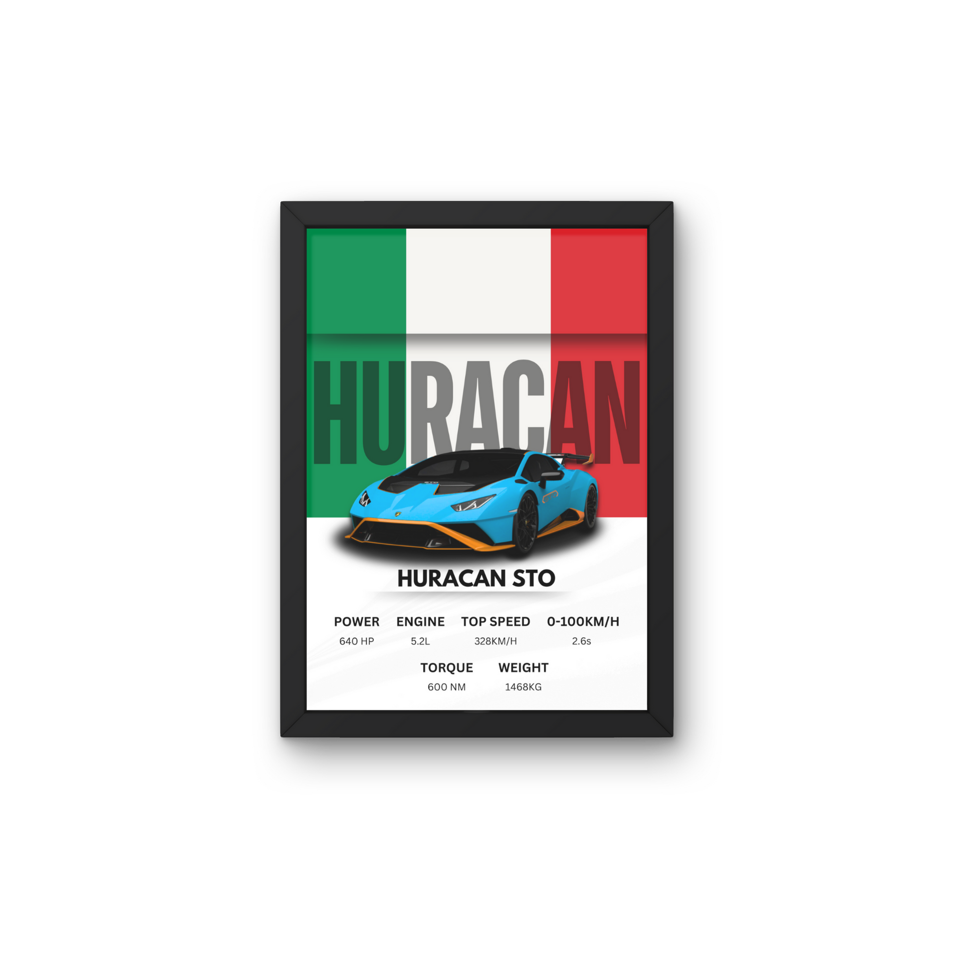 Huracan STO wall art poster with performance specs, ideal for modern wall decor or automotive-themed spaces.