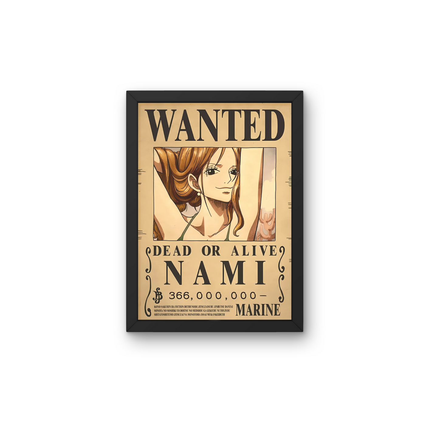 Framed wall art featuring Nami's wanted poster from One Piece, perfect for anime wall decor and unique wall poster design for modern home interiors