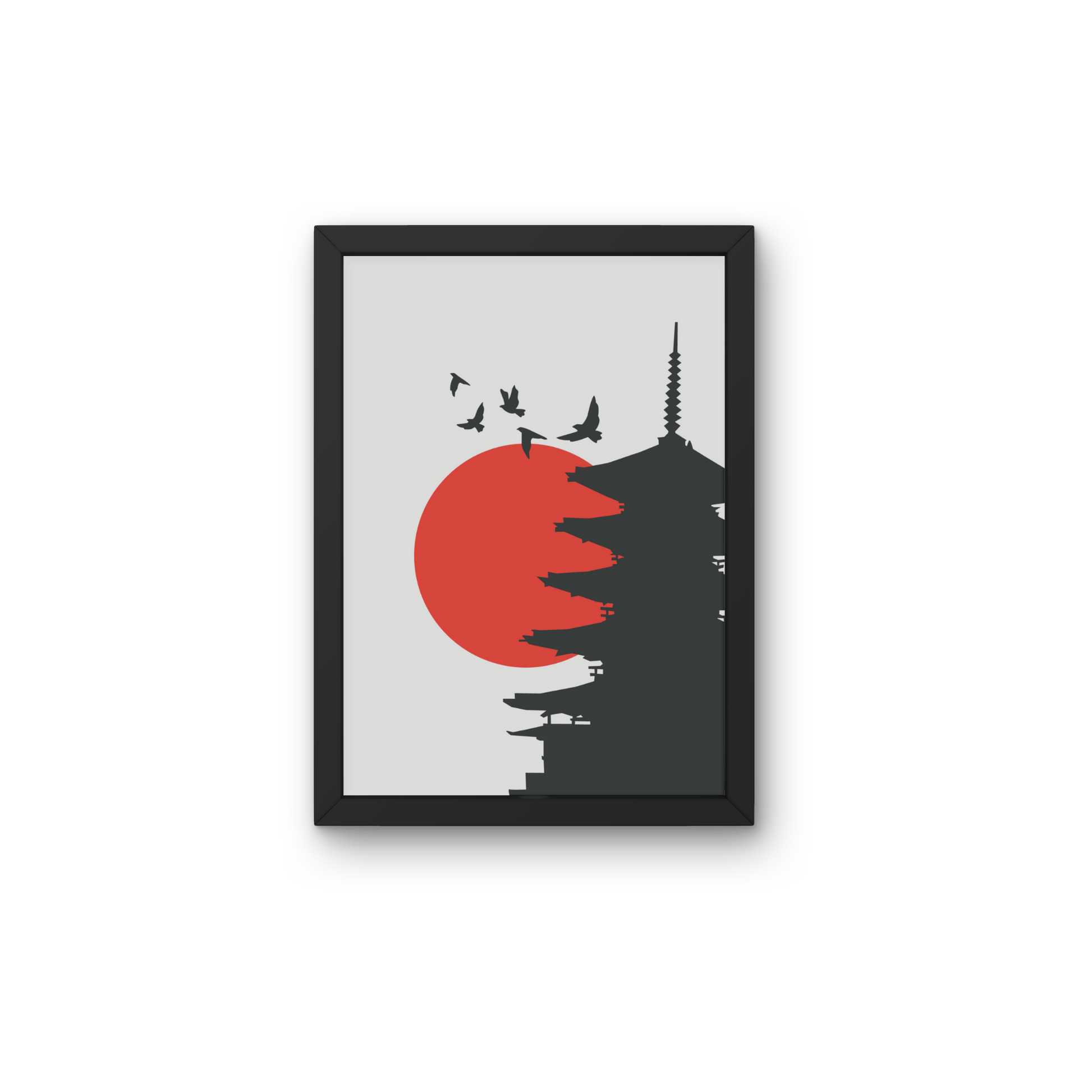 Framed wall art of a Japanese pagoda silhouette with a red sun in the background, perfect for modern decor, from The Modern Curated Creations.