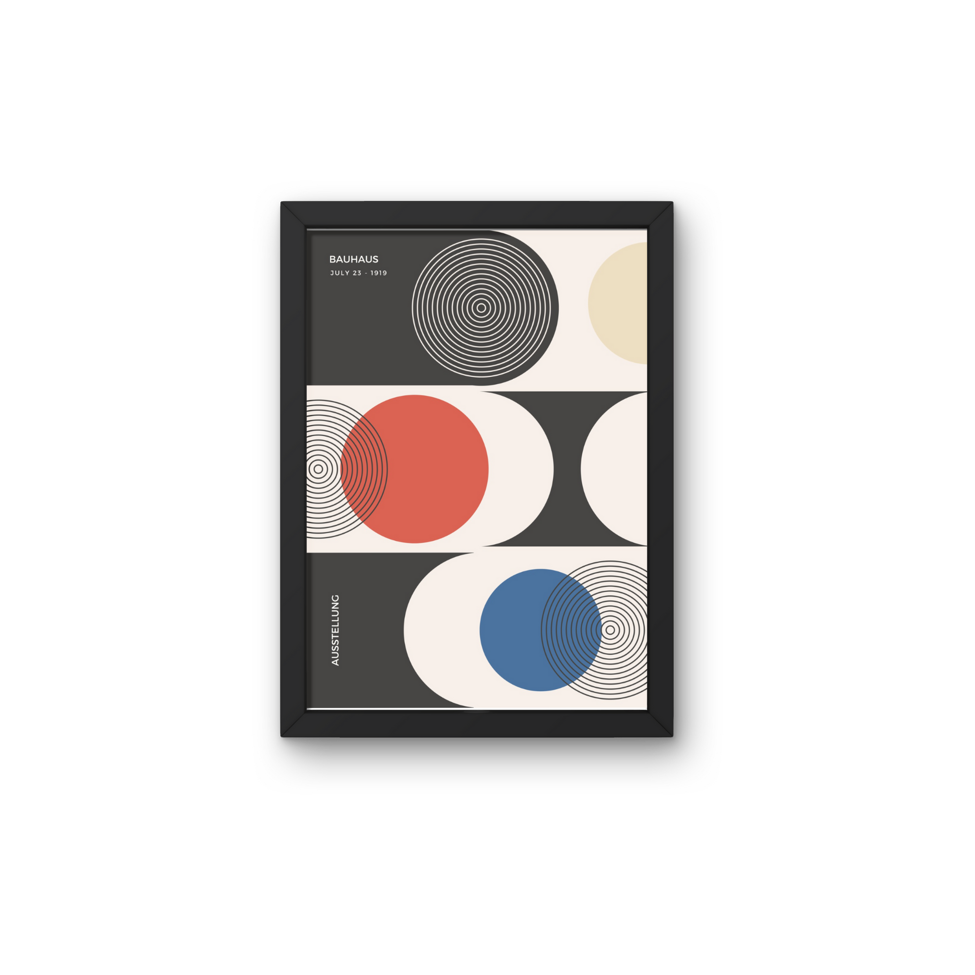 Bauhaus-inspired poster featuring abstract concentric circles in black, red, blue, and beige, framed for stylish wall decor




