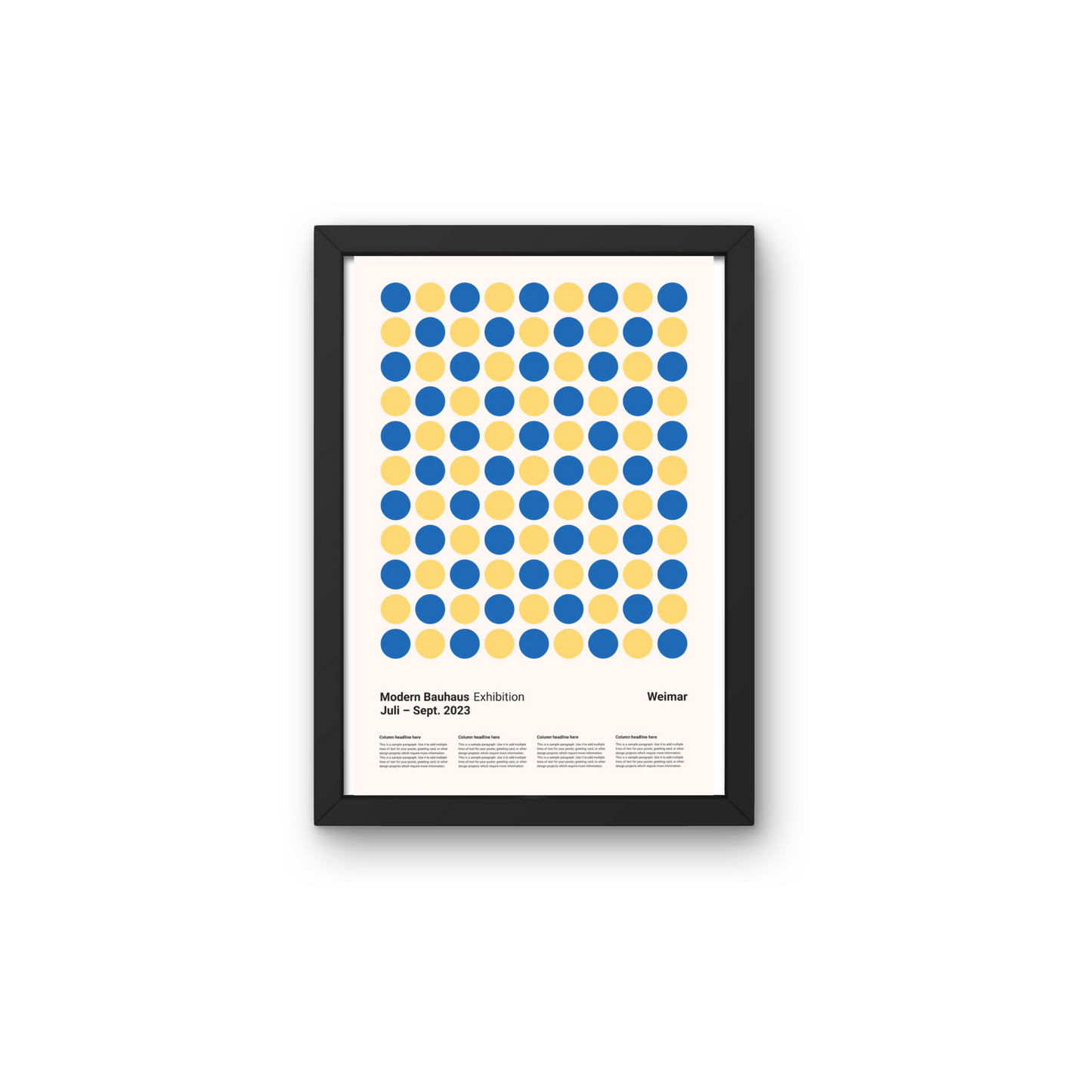 Framed modern wall art with a geometric pattern of yellow and blue dots, perfect for contemporary home wall decor.



