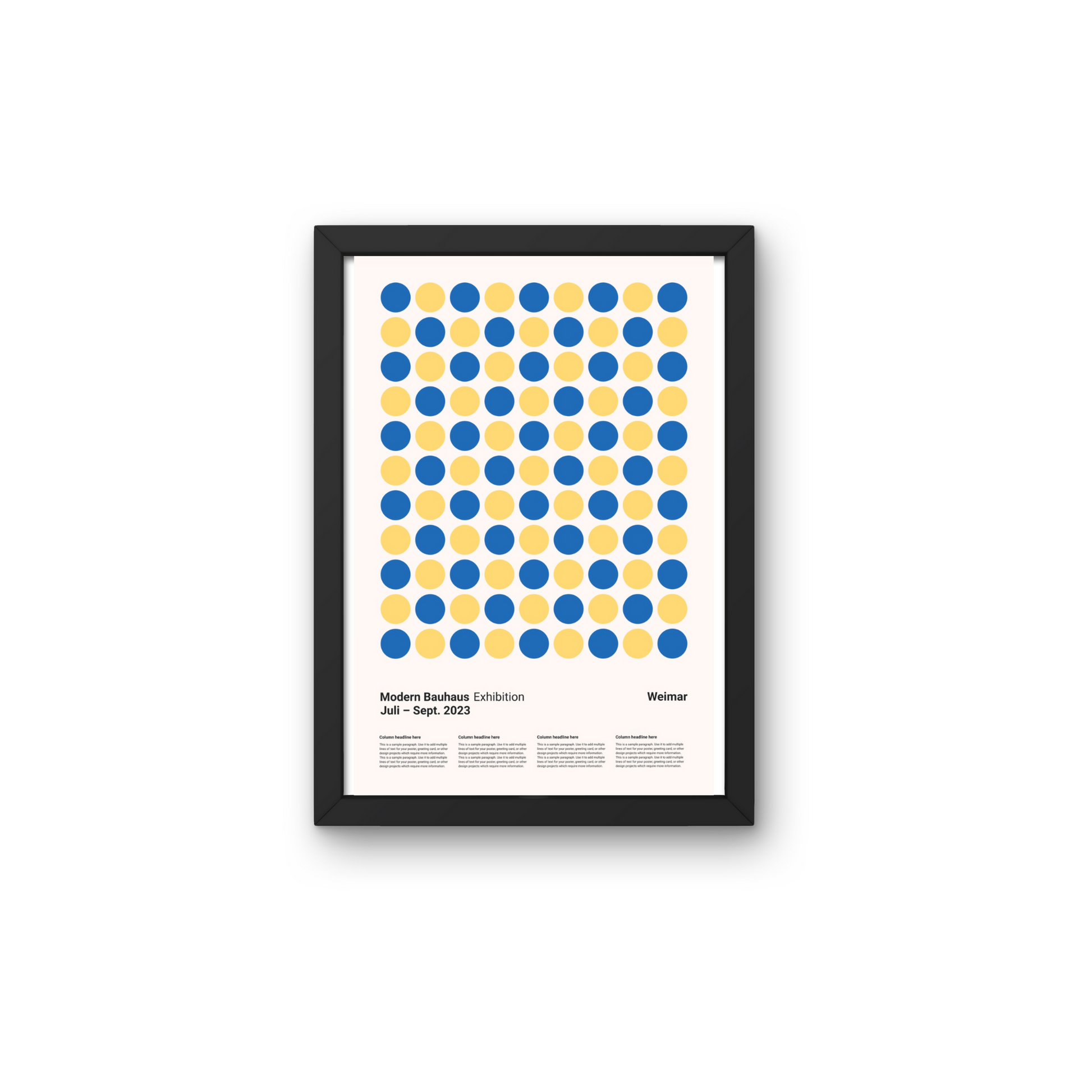 Framed modern wall art with a geometric pattern of yellow and blue dots, perfect for contemporary home wall decor.



