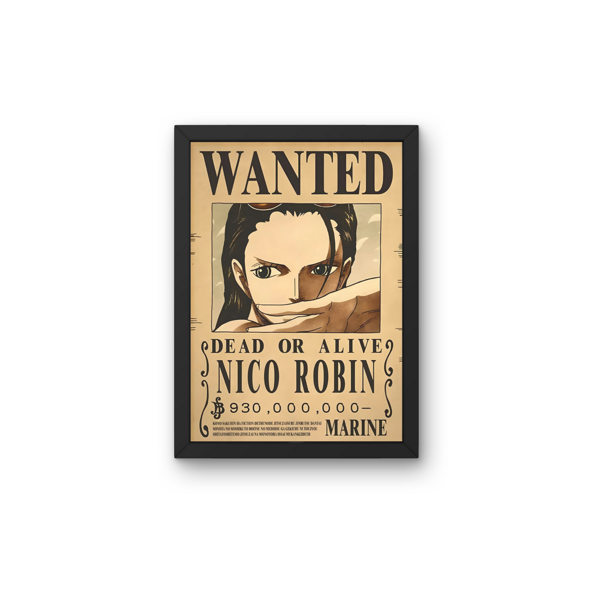 Framed wall art featuring Nico Robin's wanted poster from One Piece, perfect for anime wall decor and modern poster designs for home or office spaces.