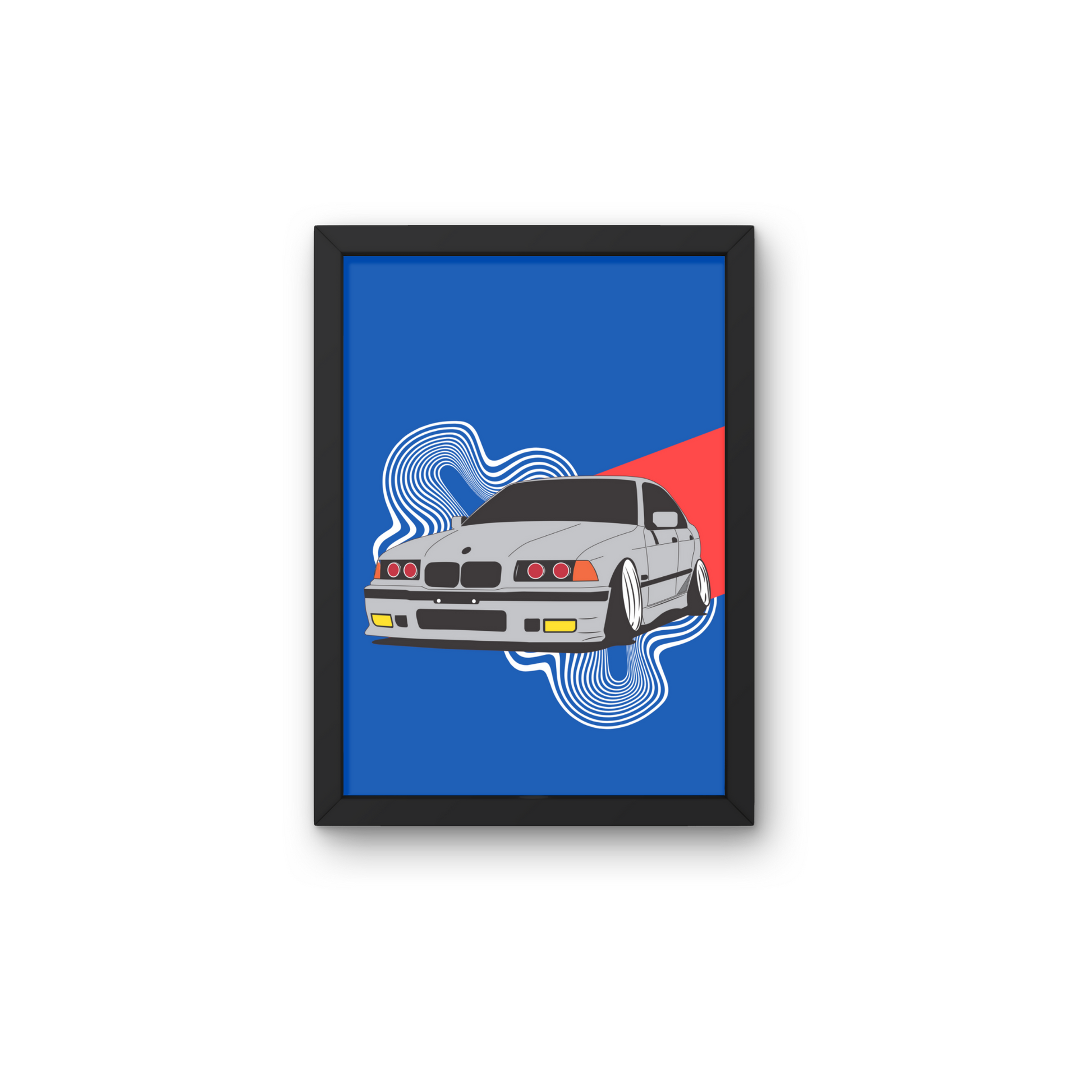 Stylized illustration of a silver car with abstract background lines, designed as modern wall art for wall decor enthusiasts or automotive-themed rooms.