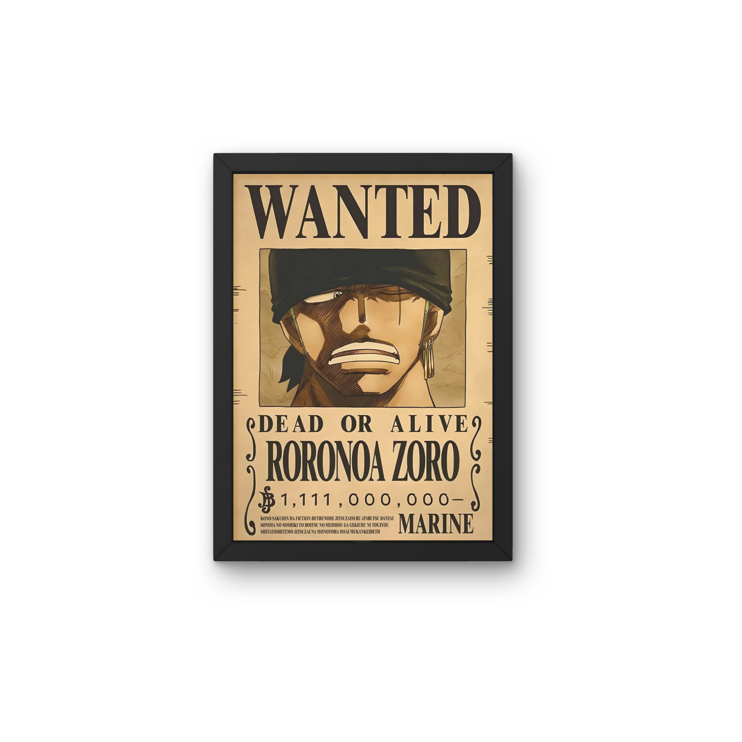 Framed wall art featuring Roronoa Zoro's wanted poster from One Piece, perfect for anime wall decor and modern wall poster design for bedrooms or living spaces.