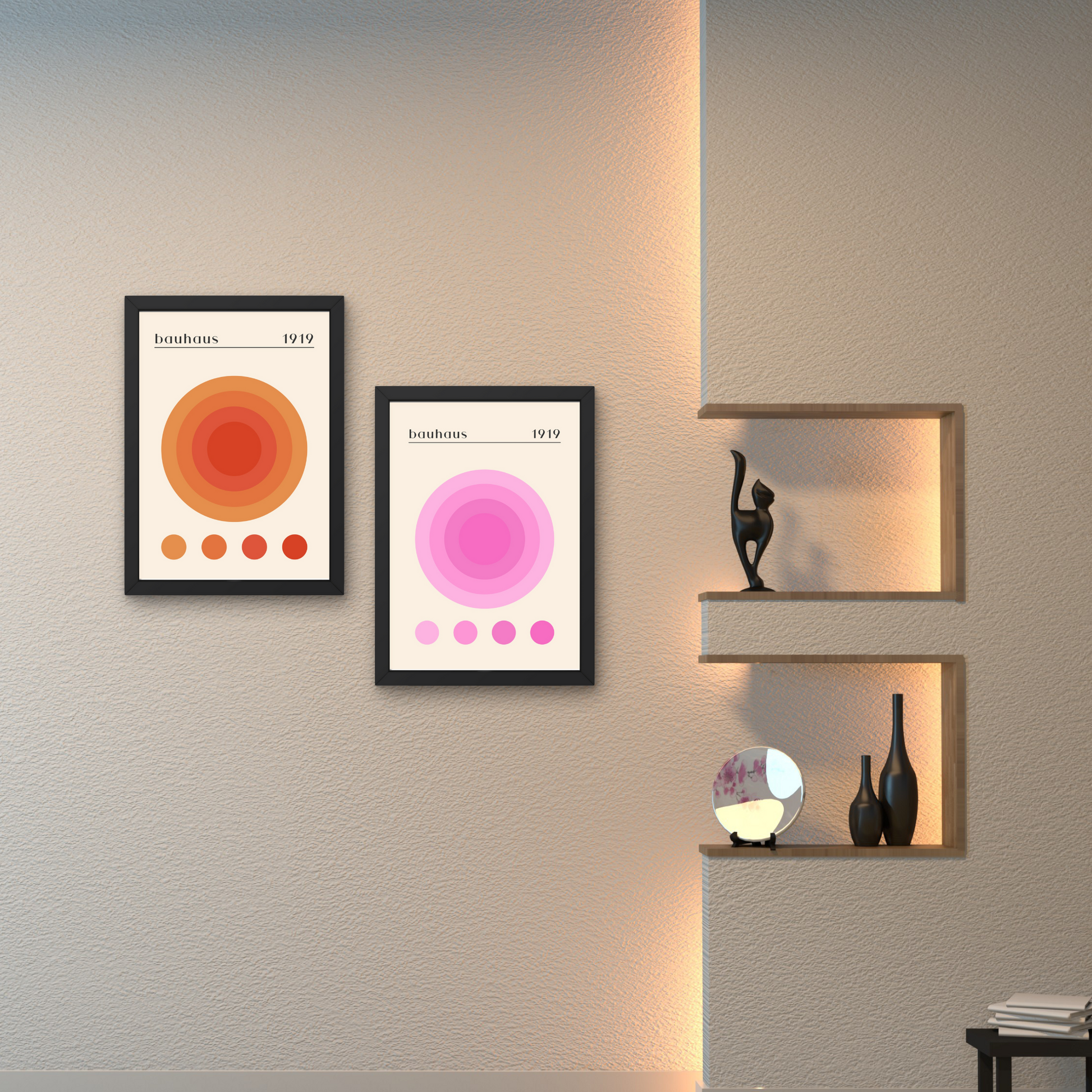 Set of two Bauhaus abstract art prints featuring circular designs in warm orange and pink tones, framed for modern wall decor.




