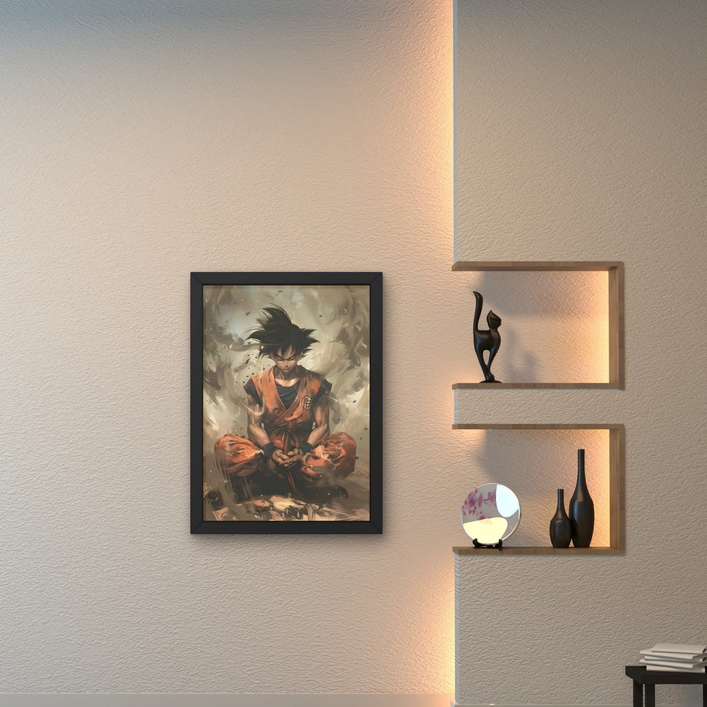 Framed anime wall art of Goku from Dragon Ball, featuring a dynamic and intense design, ideal for modern wall decor, anime wall posters, and personalized room decorations