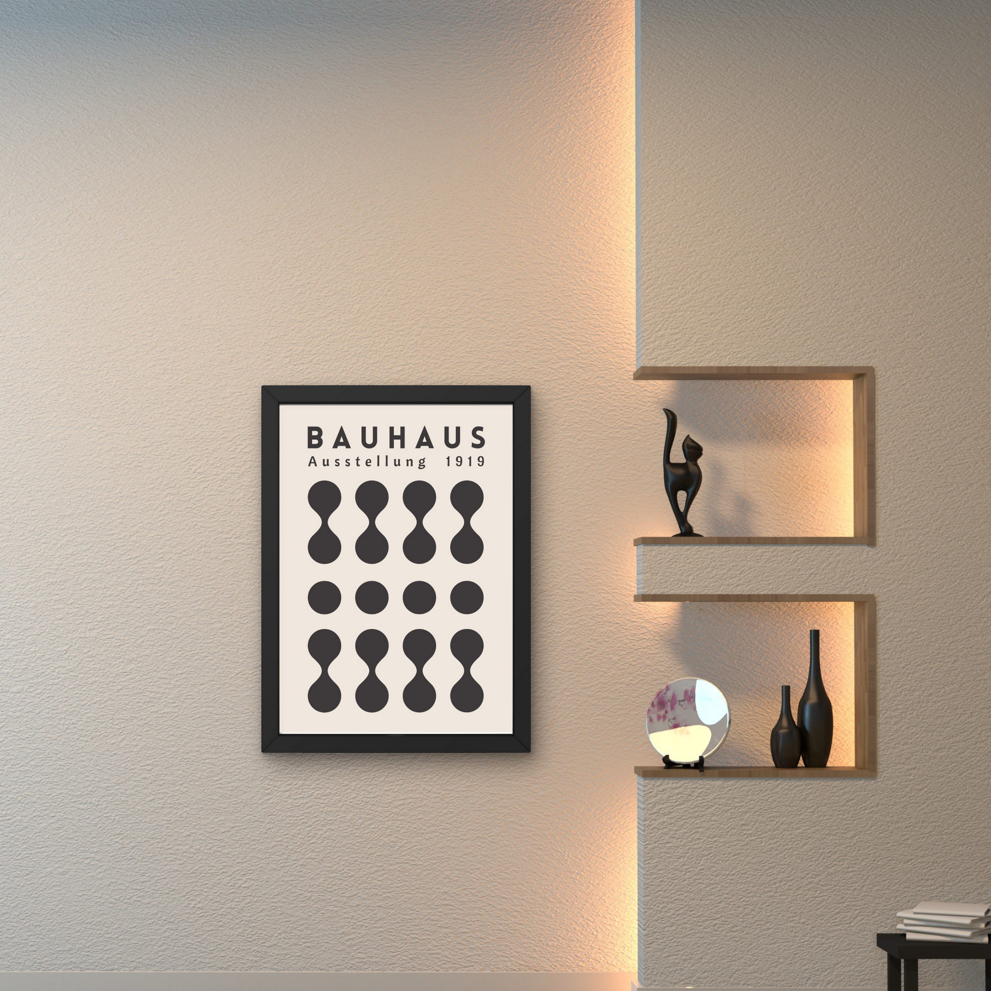 Minimalist Bauhaus exhibition poster in black and beige with abstract shapes, framed for modern wall decor.




