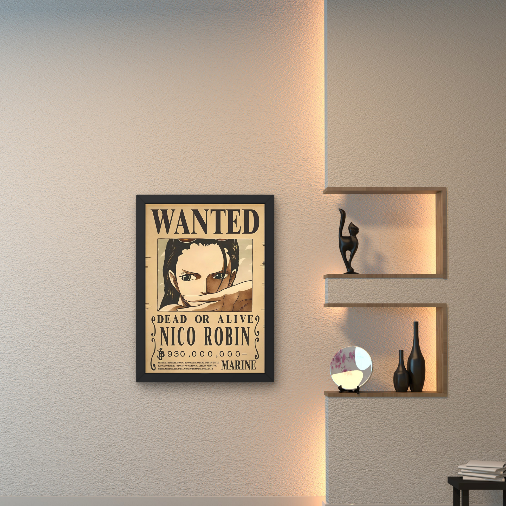 Framed wall art featuring Nico Robin's wanted poster from One Piece, perfect for anime wall decor and modern poster designs for home or office spaces.