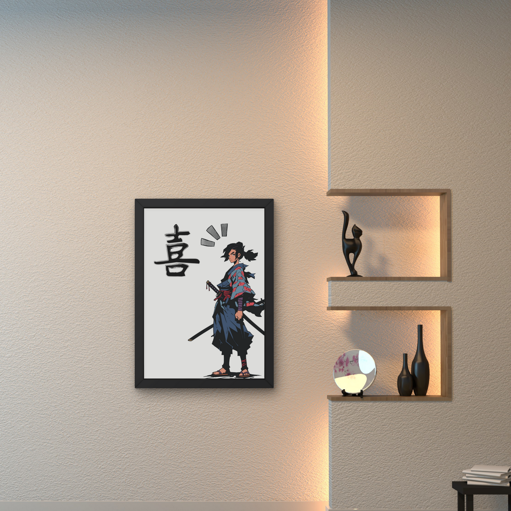 Framed anime-style wall art of a katana warrior with Japanese character, perfect for modern decor, from The Modern Curated Creations.