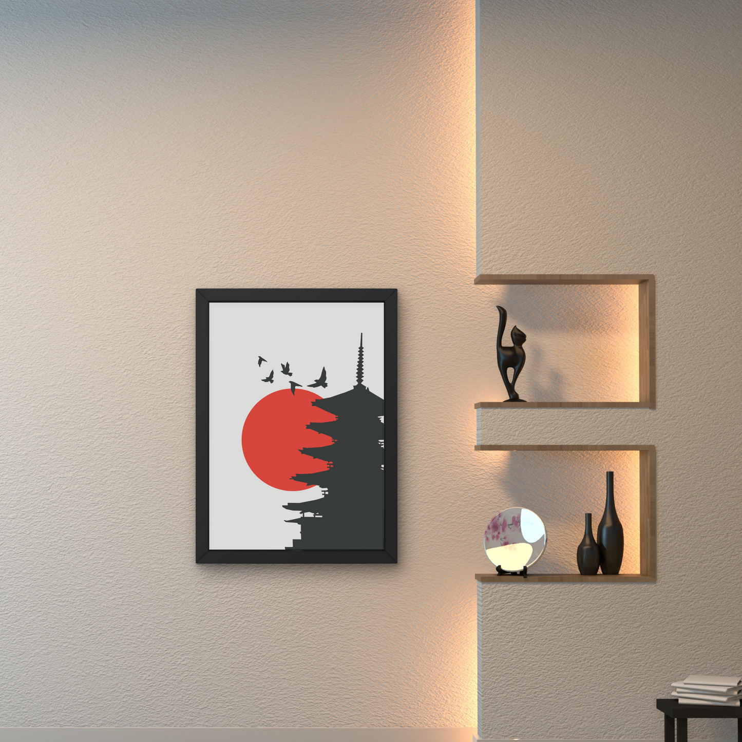 Framed wall art of a Japanese pagoda silhouette with a red sun in the background, perfect for modern decor, from The Modern Curated Creations.