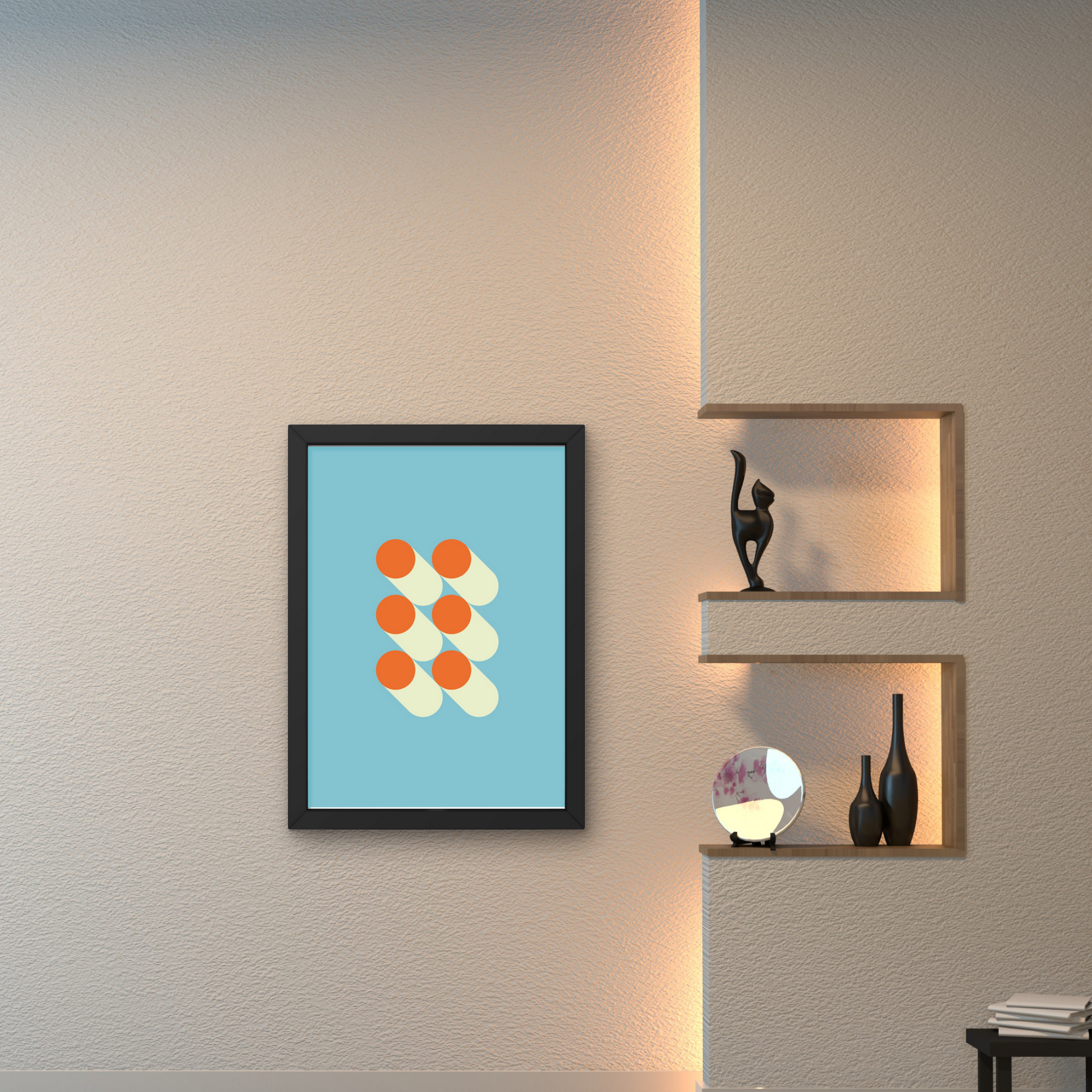 Minimalist abstract poster with six cylinder shapes in orange and cream on a blue background, framed for modern wall decoration.



