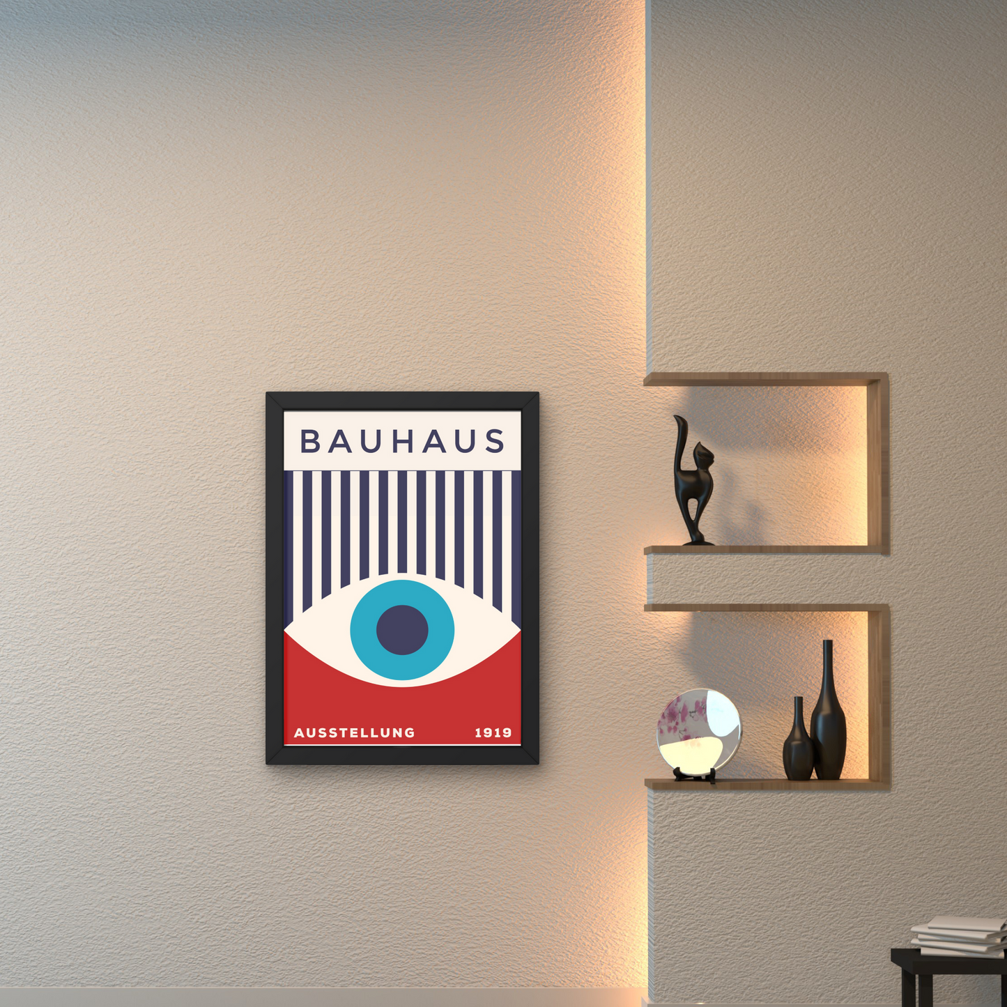 Bauhaus poster with bold eye and striped design in red, blue, and white, framed for an artistic wall accent.



