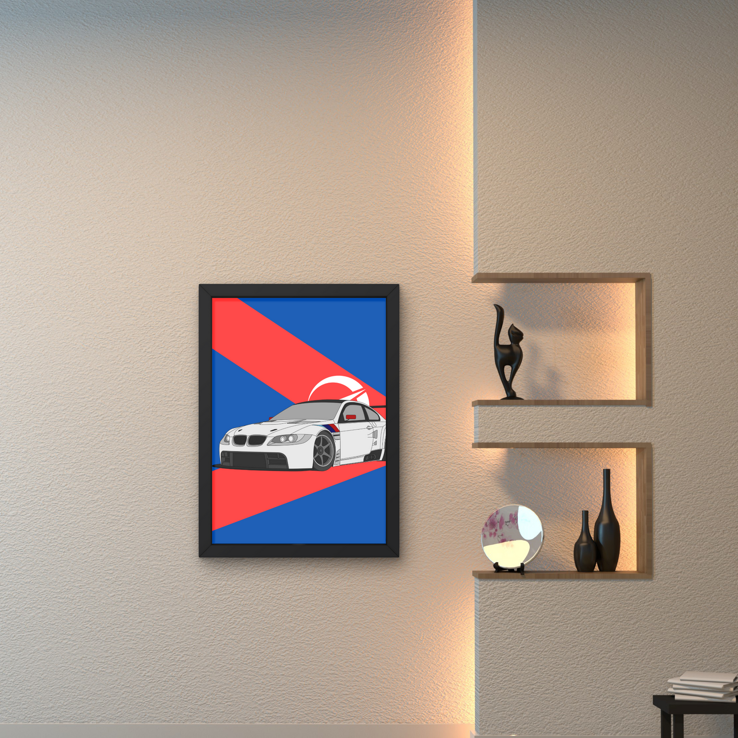 Illustrated white sports car with red and blue background, designed as modern wall art and wall decor for automotive enthusiasts.