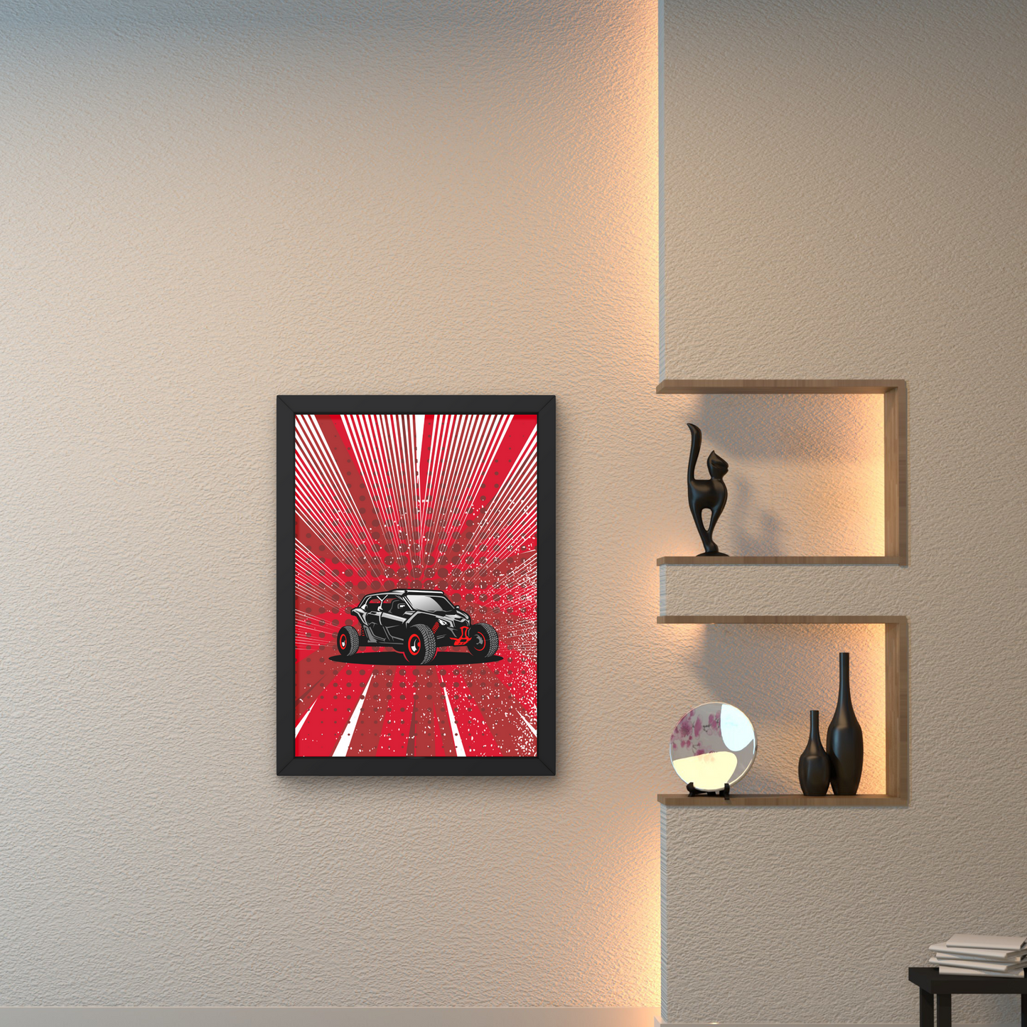 Dynamic wall art design featuring a black off-road vehicle on a red abstract background, perfect for modern wall decor or as a bold wall poster for automotive enthusiasts.