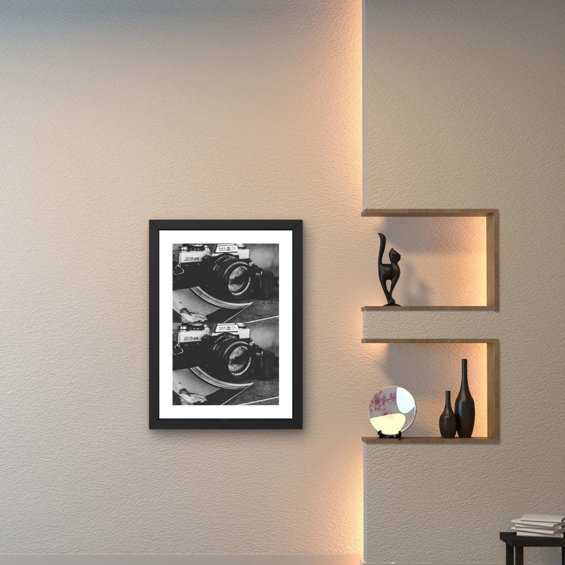 Vintage-inspired framed wall art of a classic camera, evoking nostalgic reflections.



