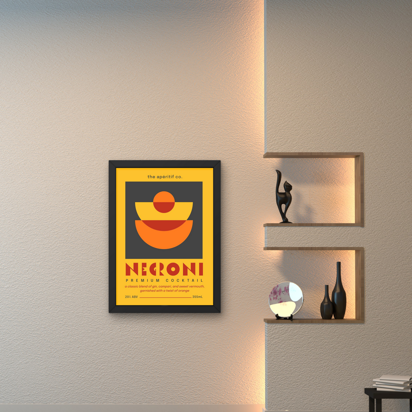 Bold retro-style wall art poster in orange and yellow, showcasing a Negroni cocktail design for a unique wall accent.



