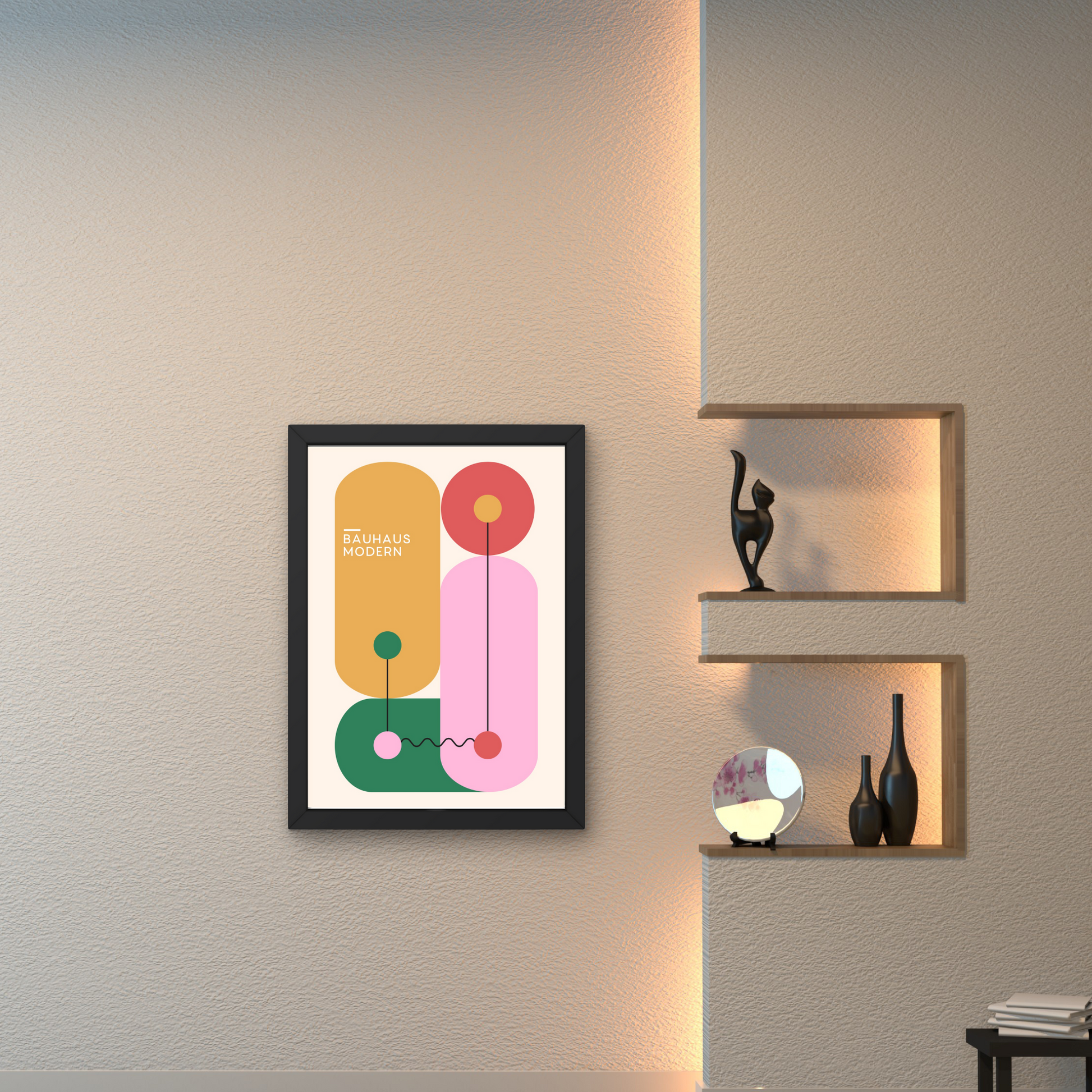 Bauhaus-inspired abstract poster with modern geometric shapes in pink, yellow, and green, ideal for a contemporary wall accent.



