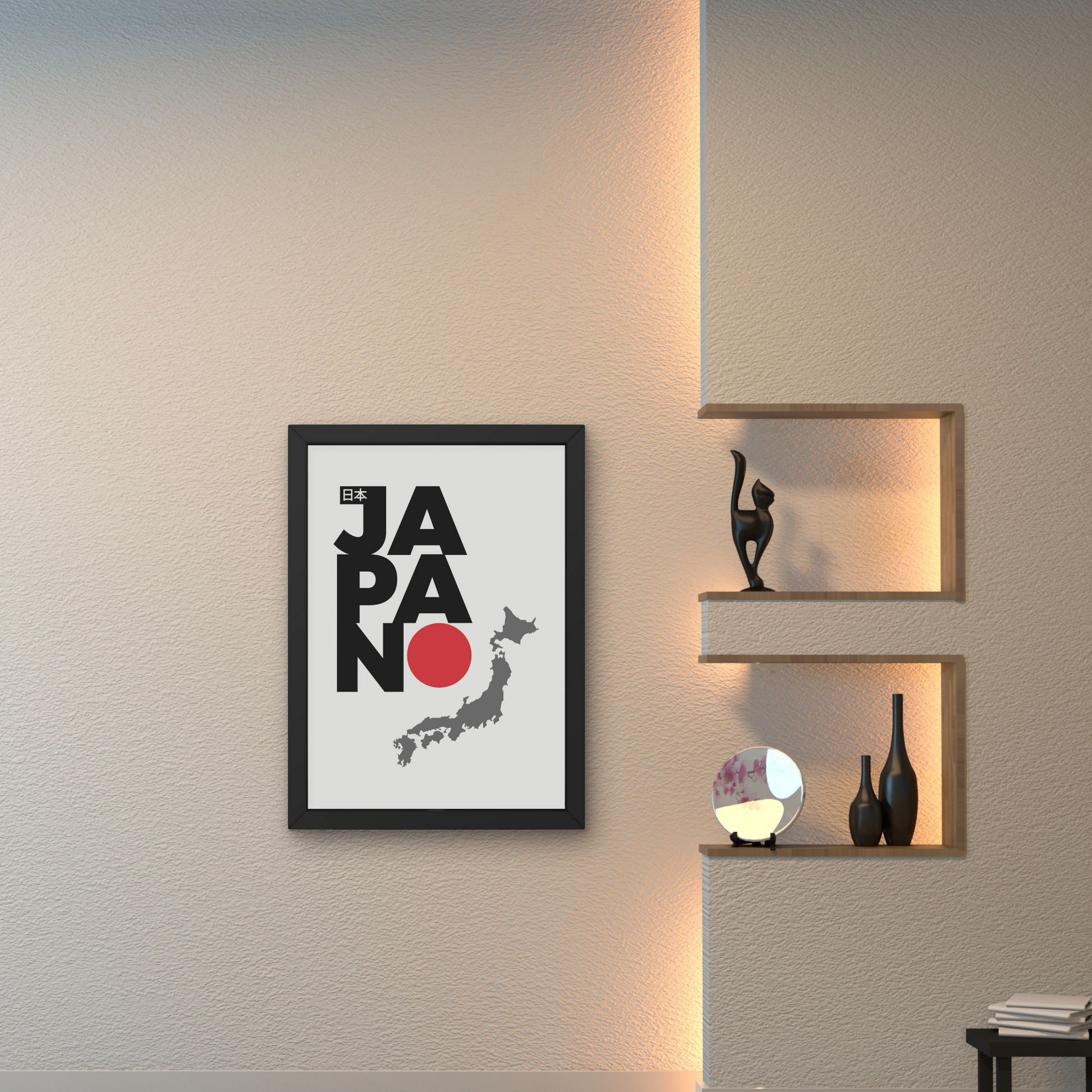 Framed minimalist wall art featuring 'Japan' text with the country's map and red circle symbol, perfect for modern wall decor or travel-themed designs, from The Modern Curated Creations.