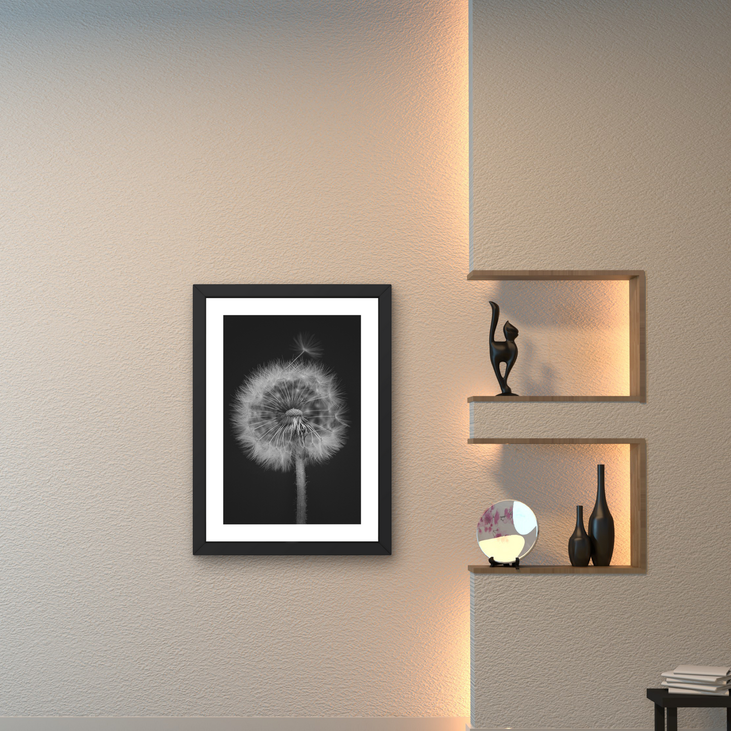 Detailed wall art of a dandelion in black and white, capturing its ephemeral beauty.




