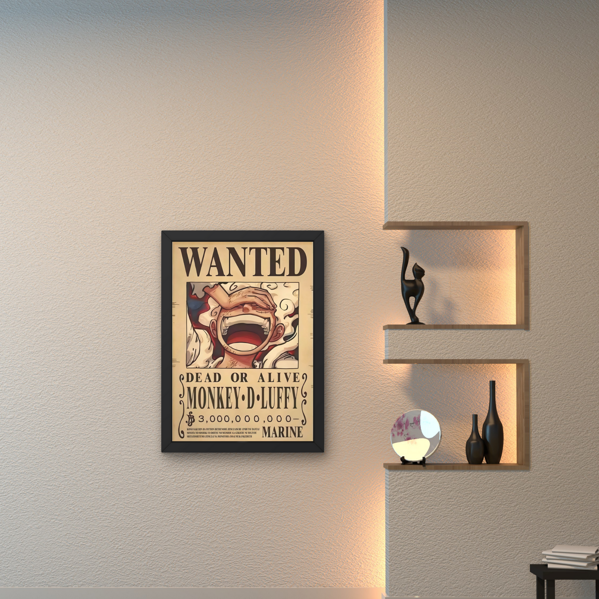 Framed wall art featuring Monkey D. Luffy's wanted poster from One Piece, perfect for anime wall decor and modern wall poster design in living rooms or bedrooms.