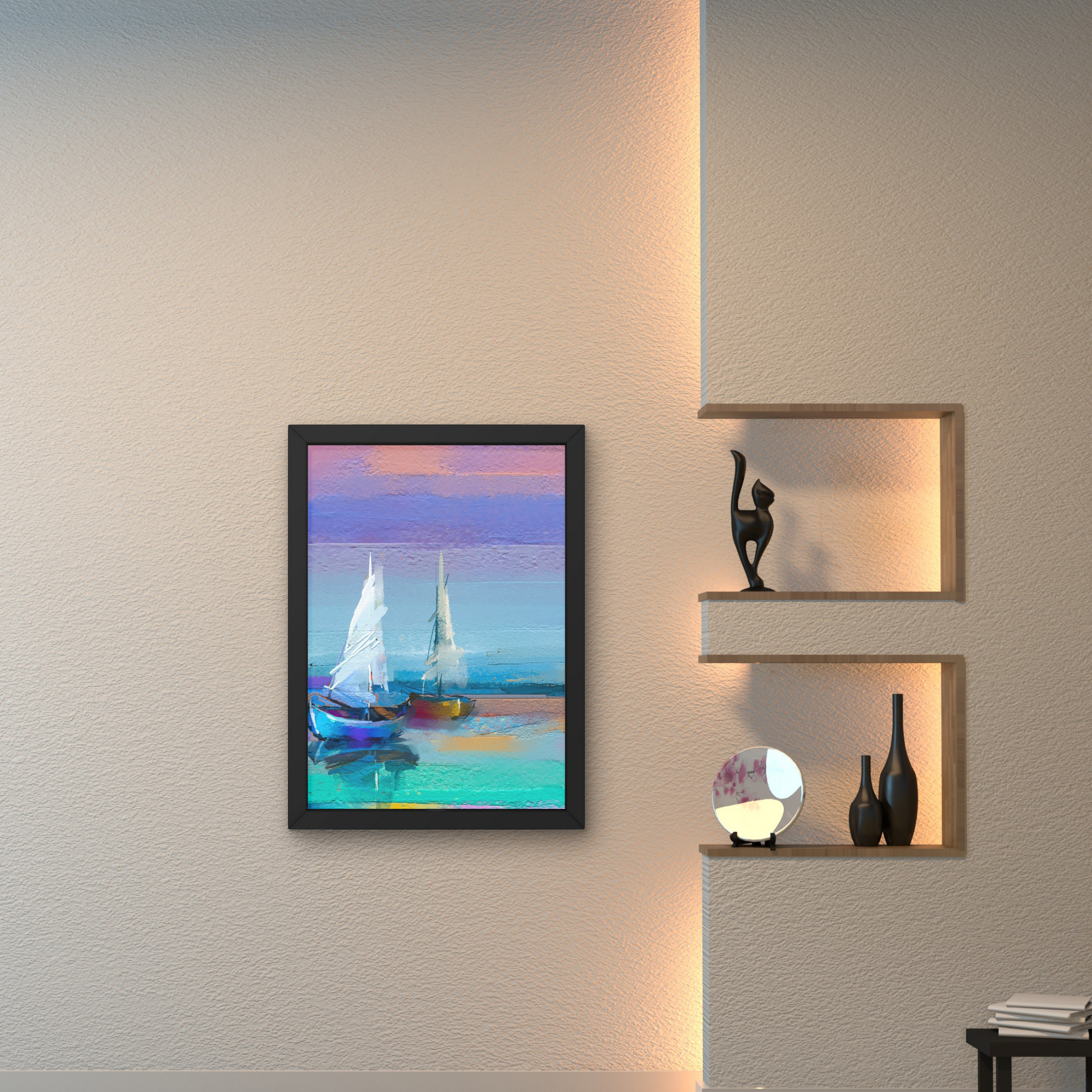 Framed abstract wall art of sailboats on calm water with colorful sky, ideal for modern home decor, from The Modern Curated Creations.