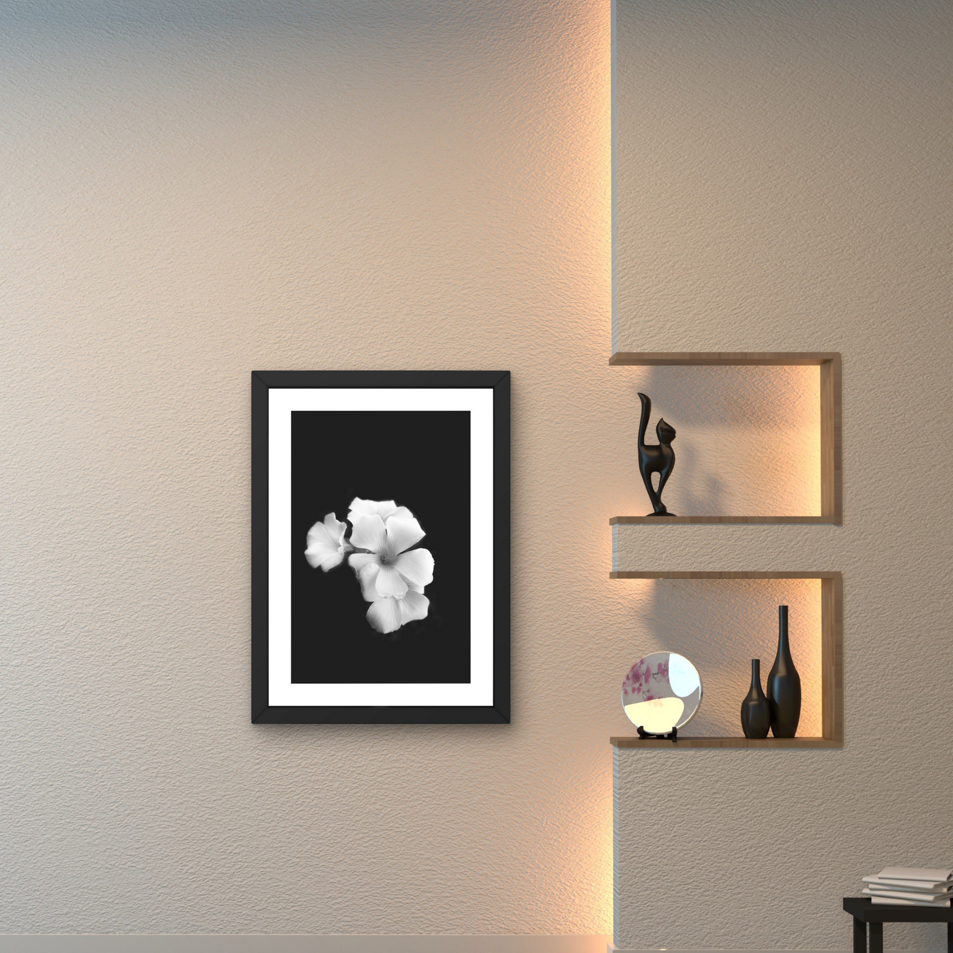 Minimalist floral art in black and white, featuring petals illuminated by moonlight.




