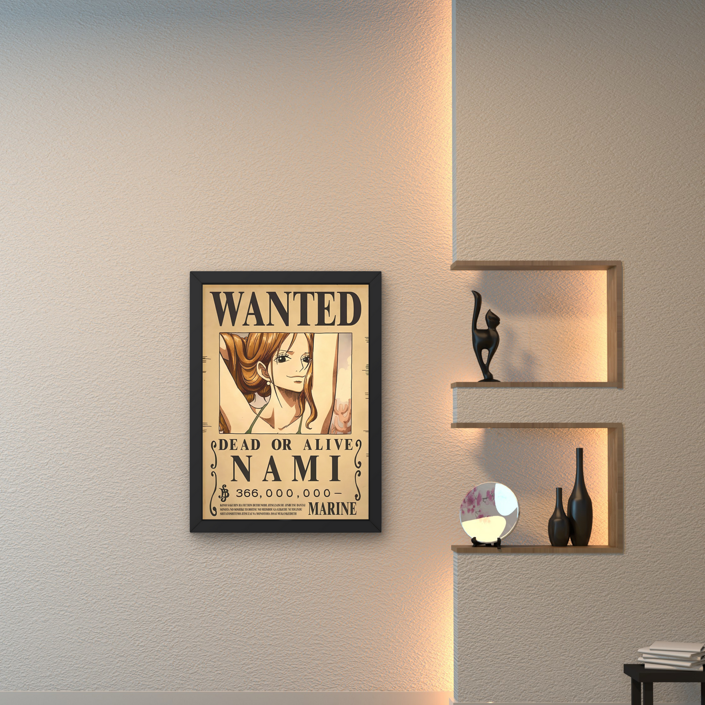 Framed wall art featuring Nami's wanted poster from One Piece, perfect for anime wall decor and unique wall poster design for modern home interiors