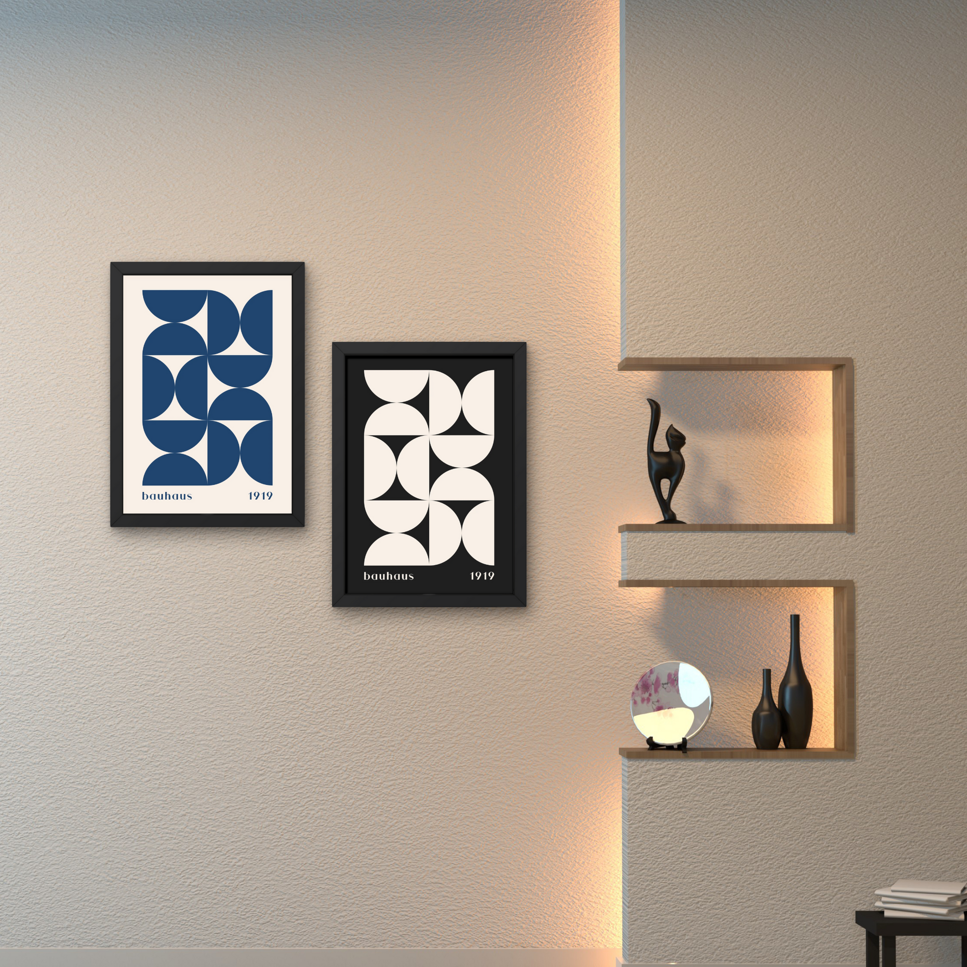 Pair of Bauhaus black and blue geometric wall art prints with framed abstract designs, perfect for modern wall decor



