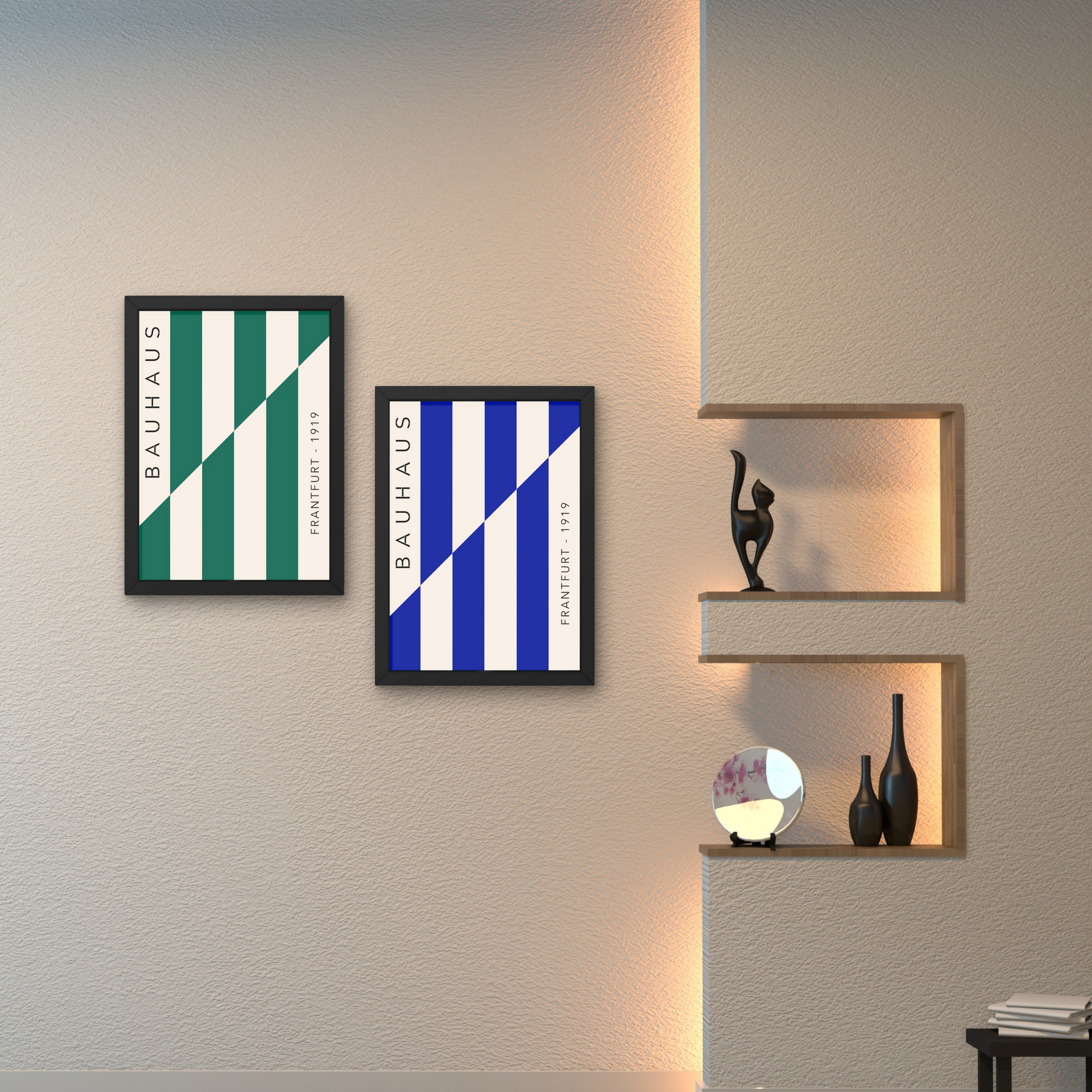 Set of two Bauhaus-inspired striped posters in green and blue, ideal for a modern wall design aesthetic



