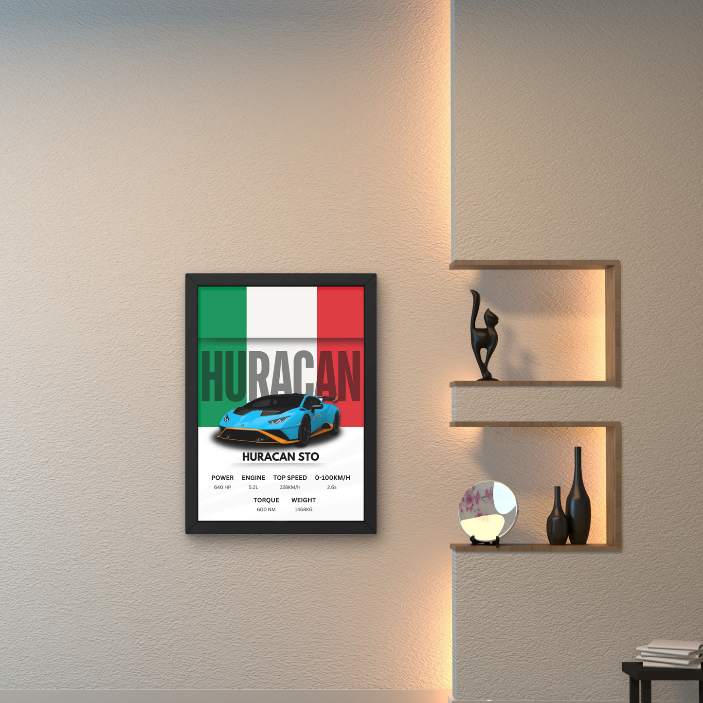 Huracan STO wall art poster with performance specs, ideal for modern wall decor or automotive-themed spaces.