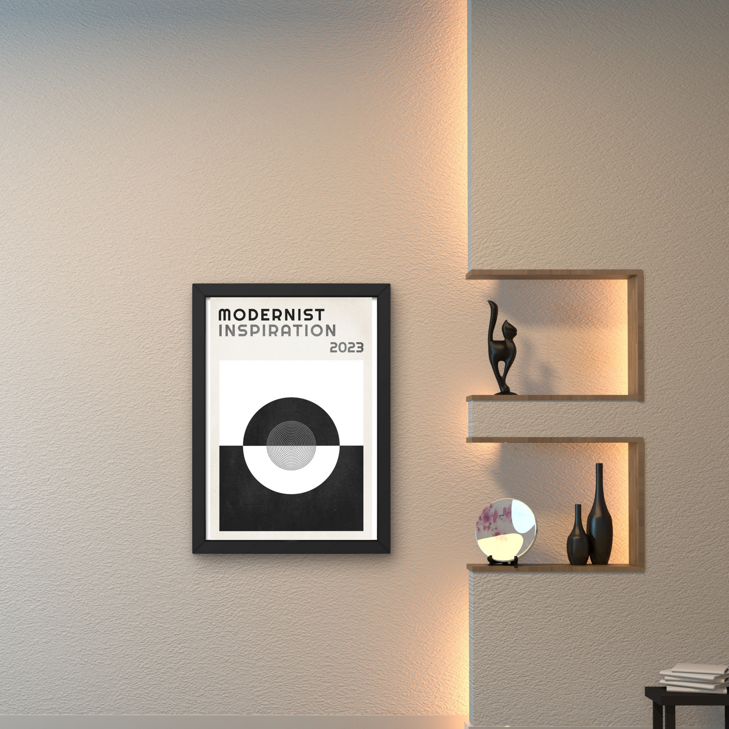 Black and white modernist-inspired wall art poster, framed for minimalist interior wall decor.




