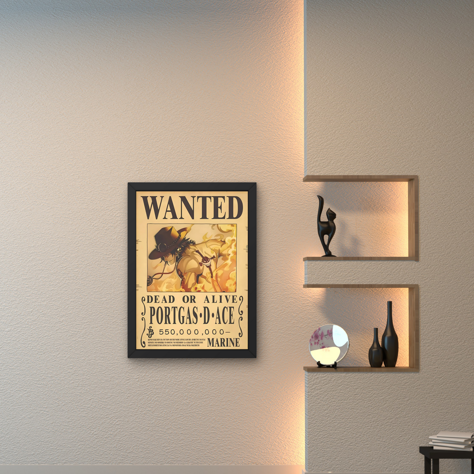 Framed wall art featuring Portgas D. Ace's wanted poster from One Piece, perfect for anime wall decor and modern wall poster design for living spaces