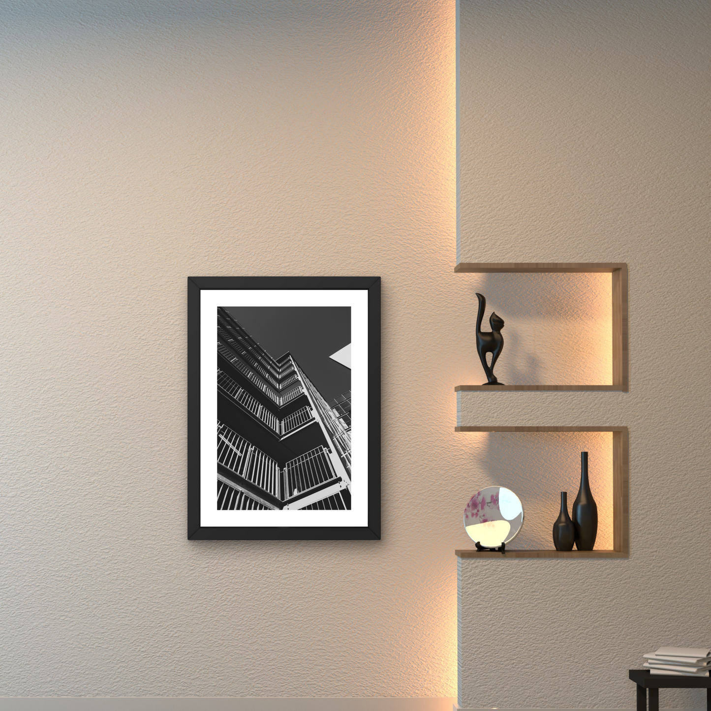 Geometric cityscape grid wall art in black and white, adding a contemporary touch.




