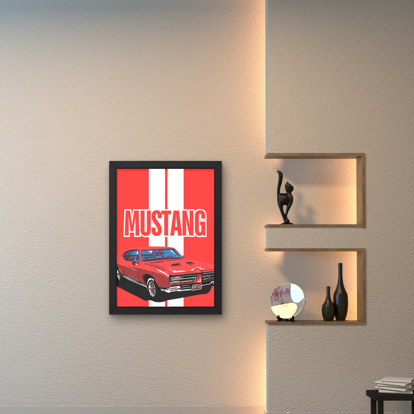 Mustang wall art poster featuring a red classic car, designed for modern wall decor or automotive-themed spaces.